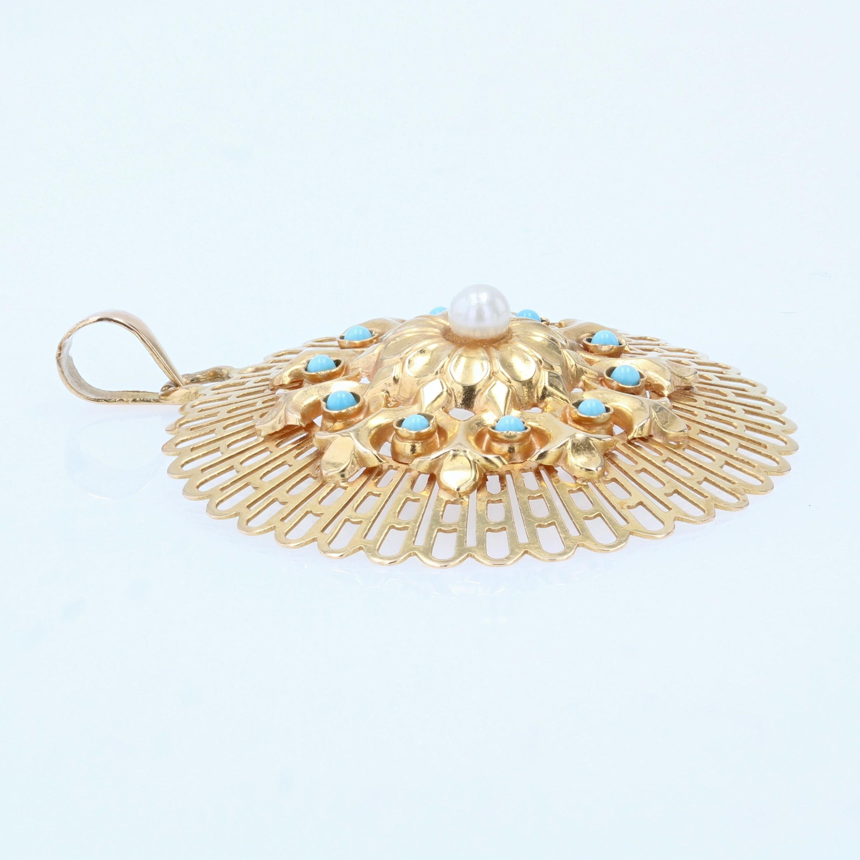 Pendentif français en or jaune 18 carats avec perles de culture et turquoise, années 1960 en vente 8