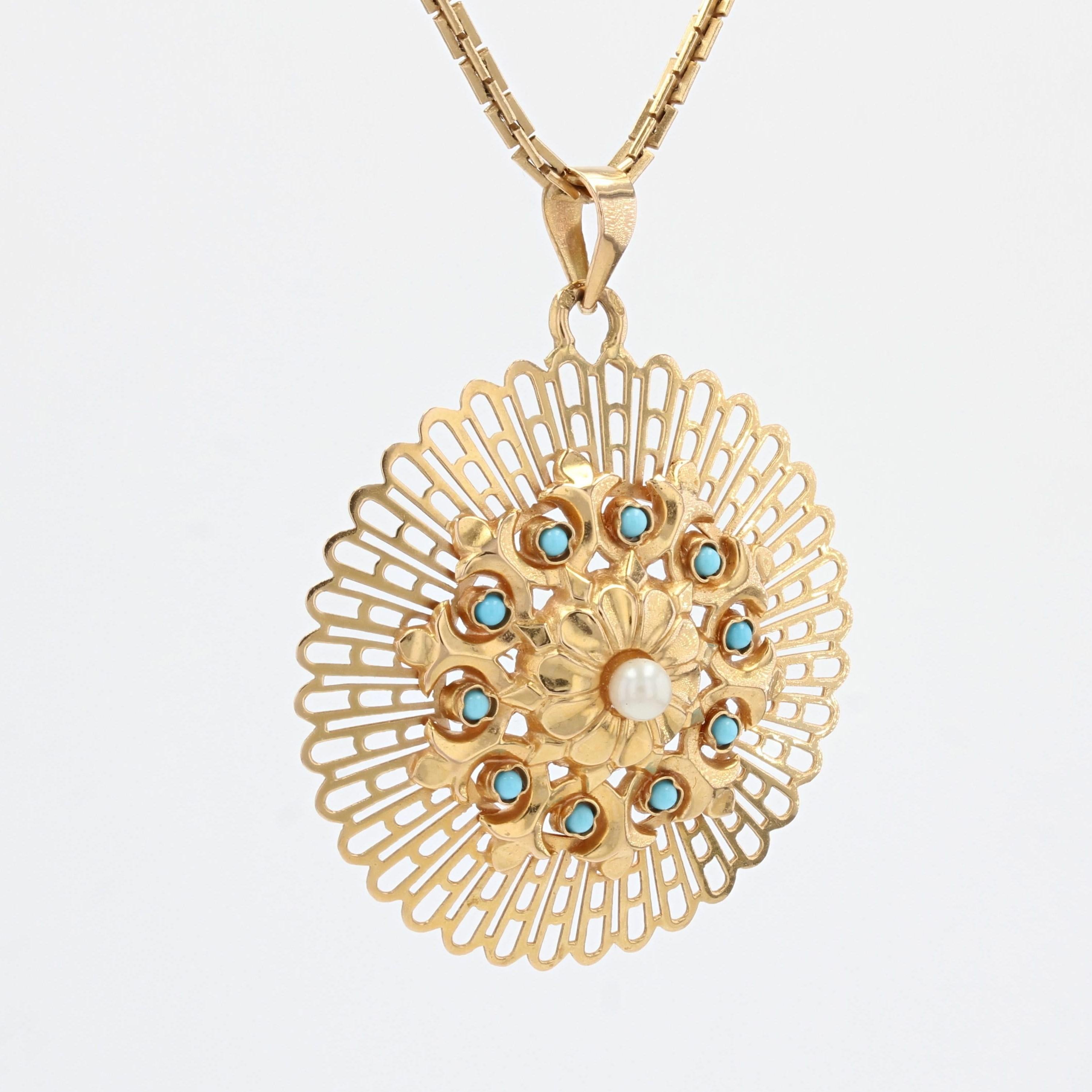 Pendentif français en or jaune 18 carats avec perles de culture et turquoise, années 1960 en vente 1
