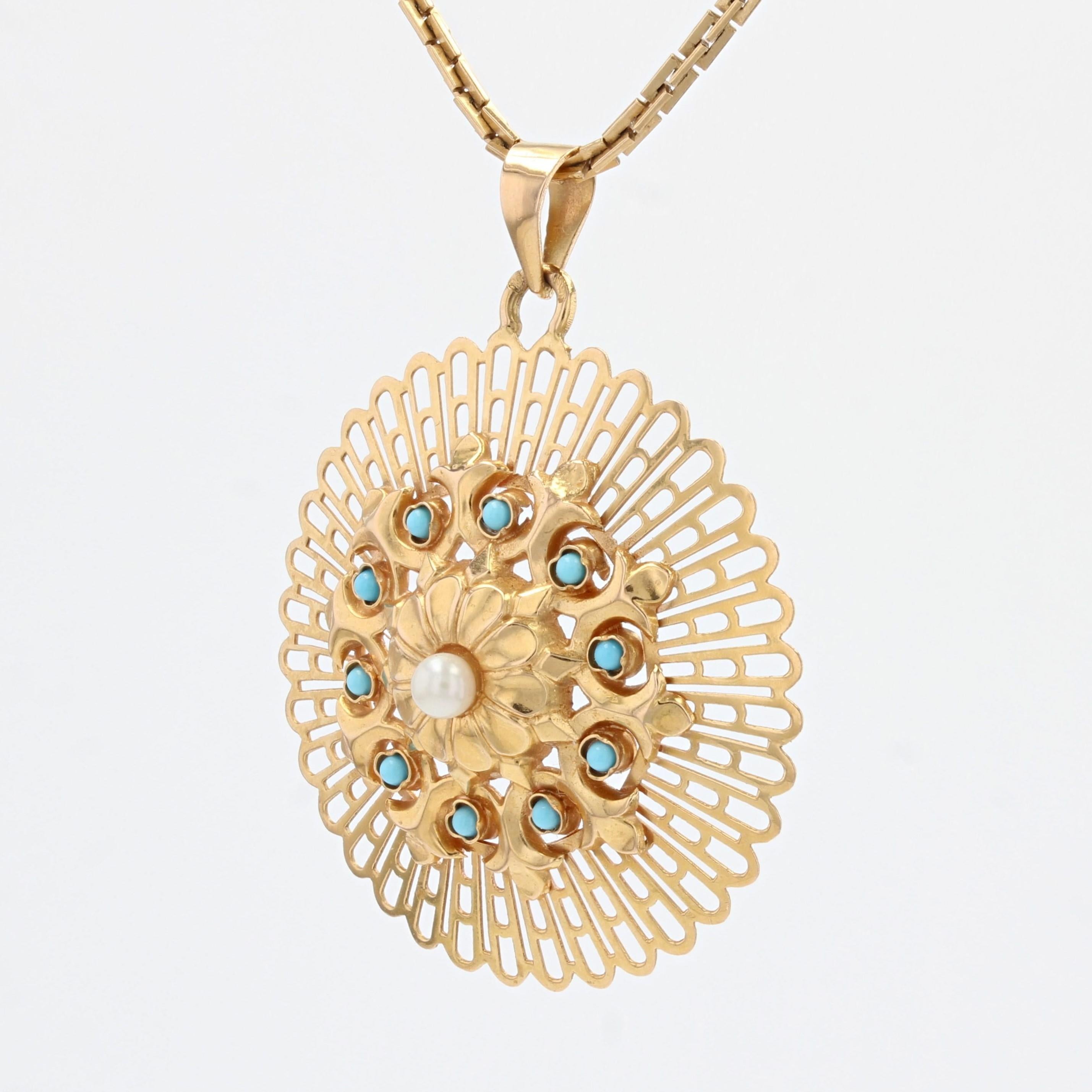Pendentif français en or jaune 18 carats avec perles de culture et turquoise, années 1960 en vente 3