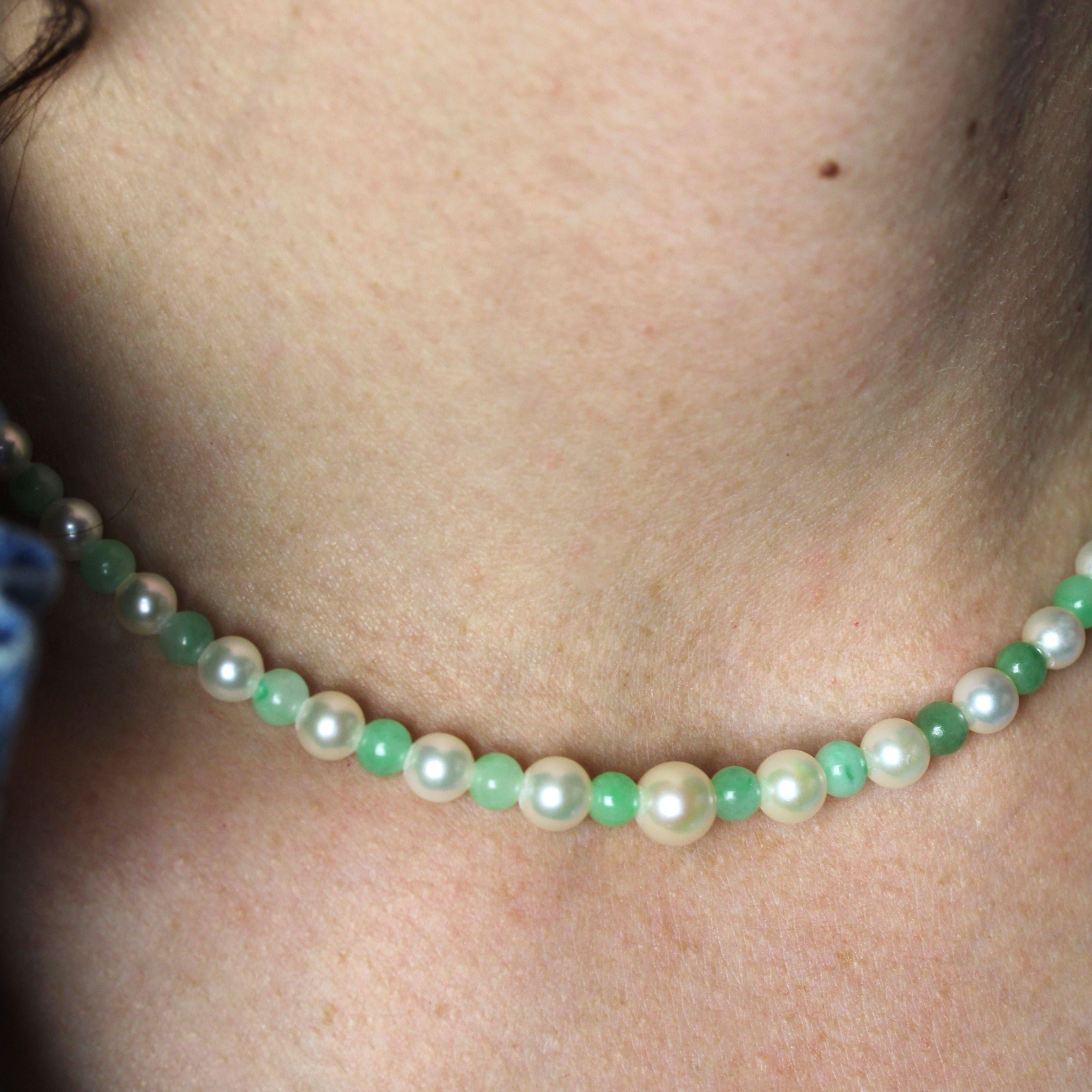 Perle coltivate francesi del 1960, perle di giada, collana con chiusura in oro rosa 18 carati in vendita 4