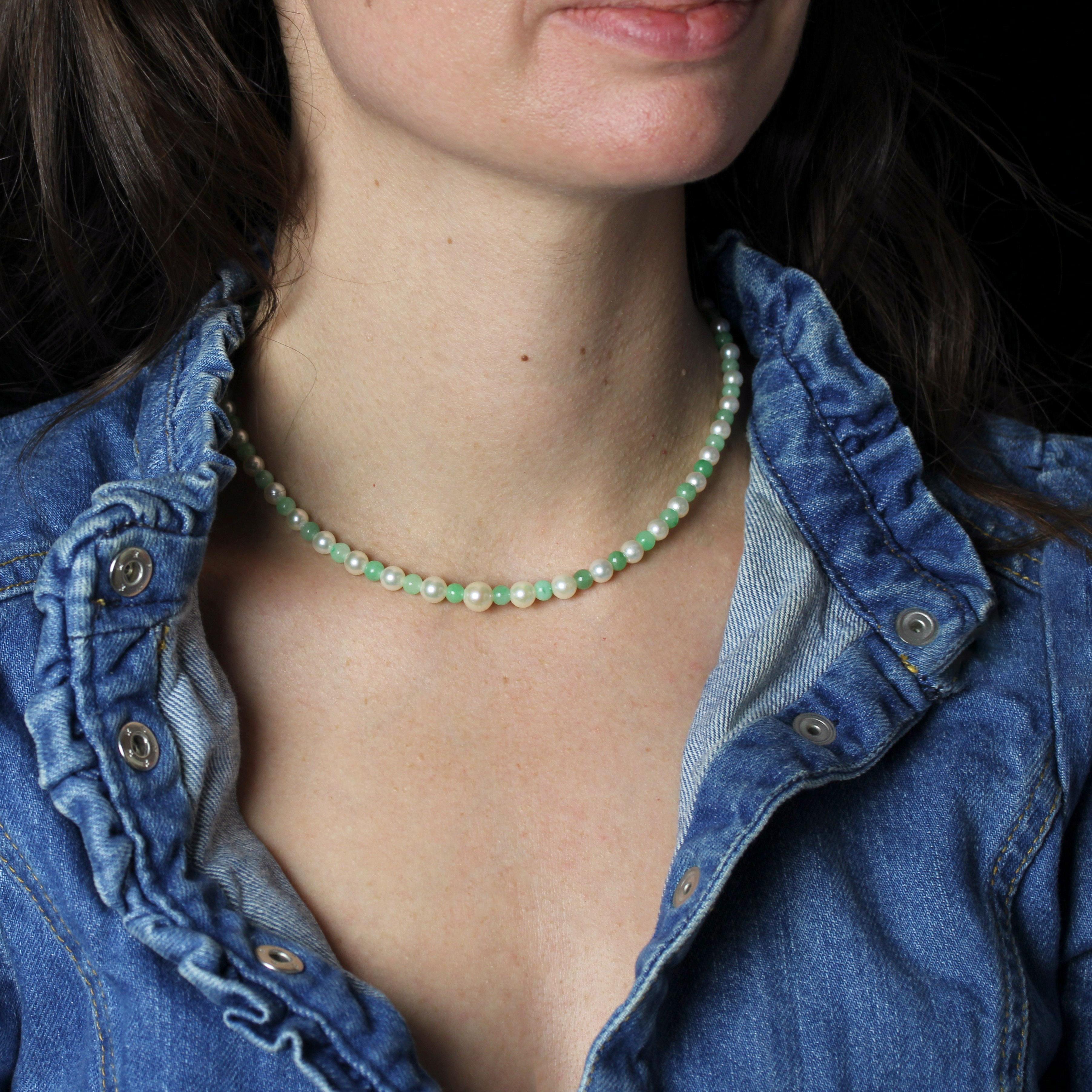 Perle coltivate francesi del 1960, perle di giada, collana con chiusura in oro rosa 18 carati in vendita 3