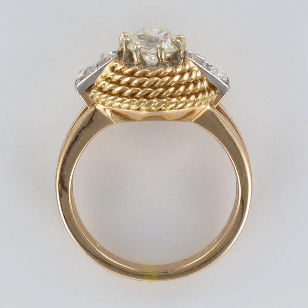 French 1960s Cushion and Rose Cuts Diamond 18 Karat Yellow Gold Ring 6