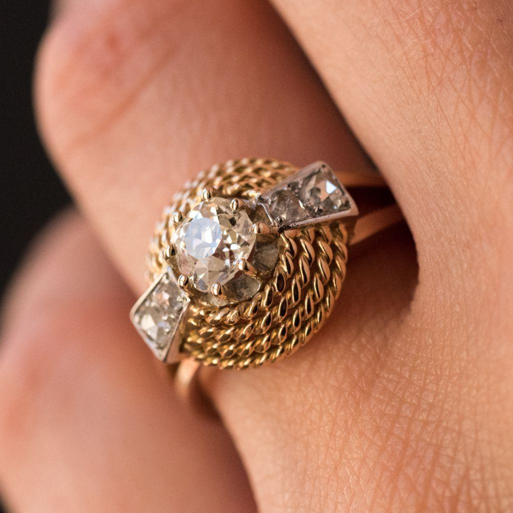 Retro French 1960s Cushion and Rose Cuts Diamond 18 Karat Yellow Gold Ring