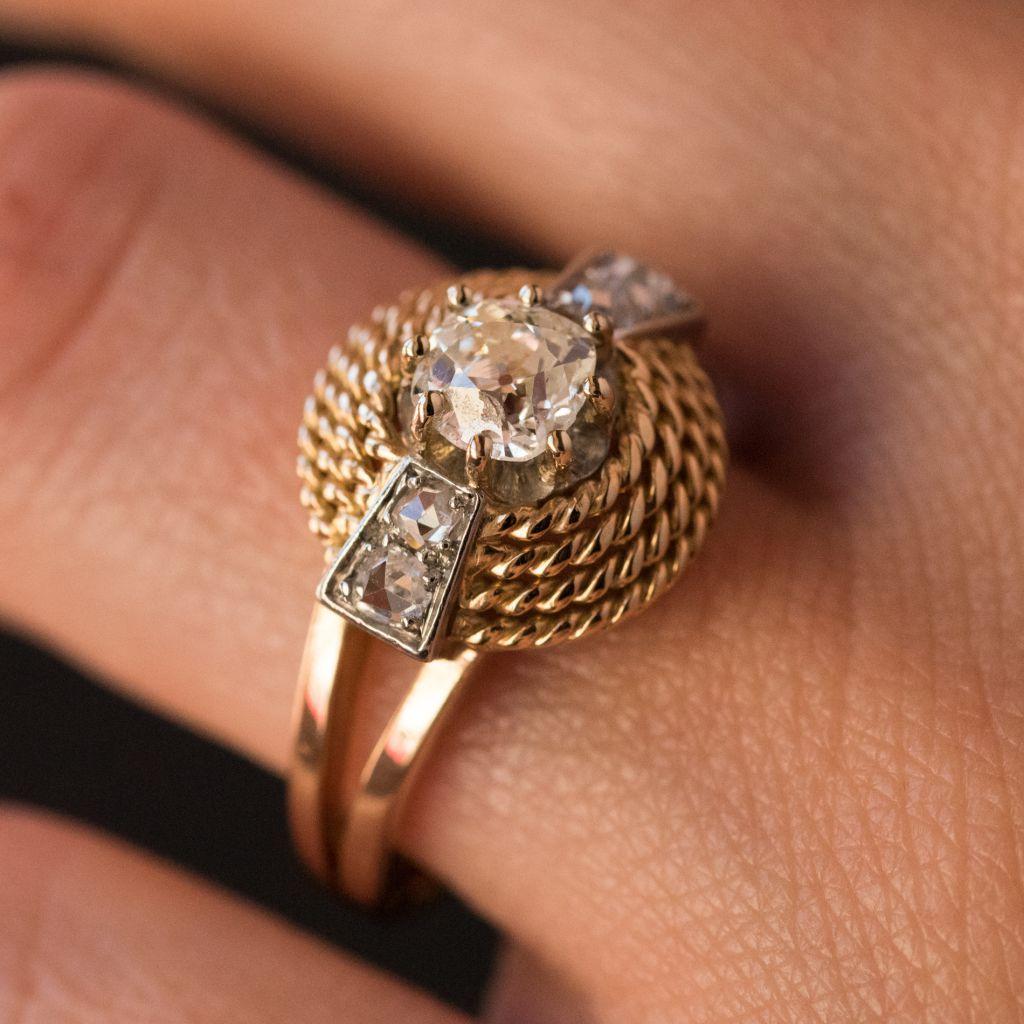 Women's French 1960s Cushion and Rose Cuts Diamond 18 Karat Yellow Gold Ring
