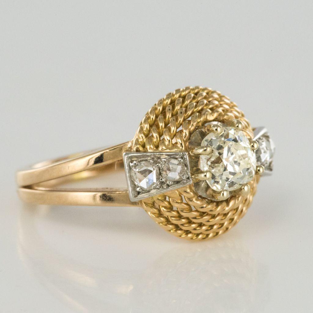 French 1960s Cushion and Rose Cuts Diamond 18 Karat Yellow Gold Ring 2
