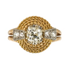 French 1960s Cushion and Rose Cuts Diamond 18 Karat Yellow Gold Ring