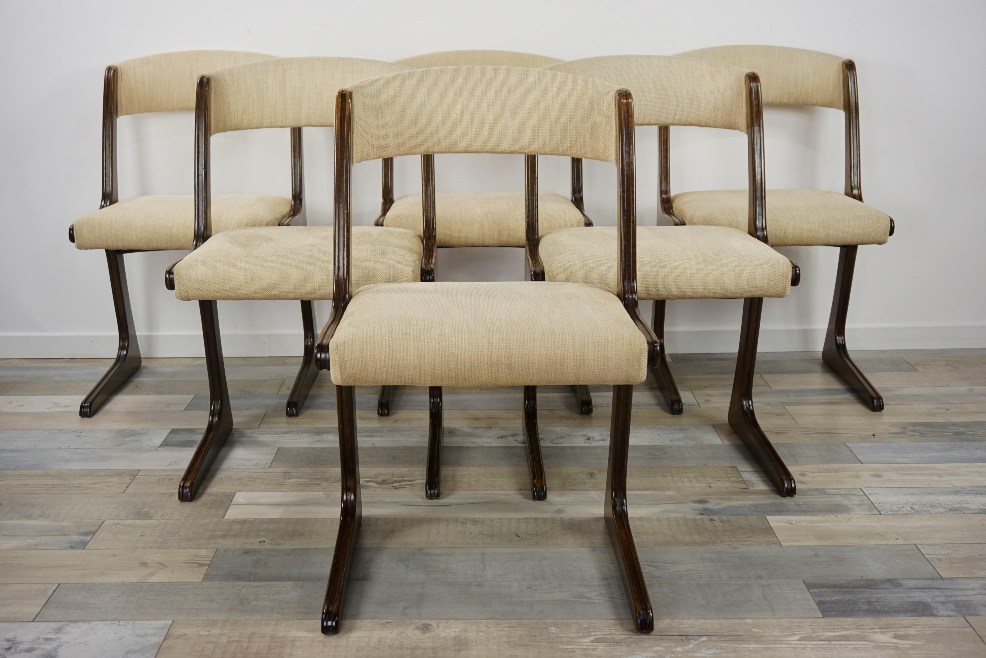 Mid-Century Modern French 1960s Design Curved Wooden and Fabric Set of Six Chairs