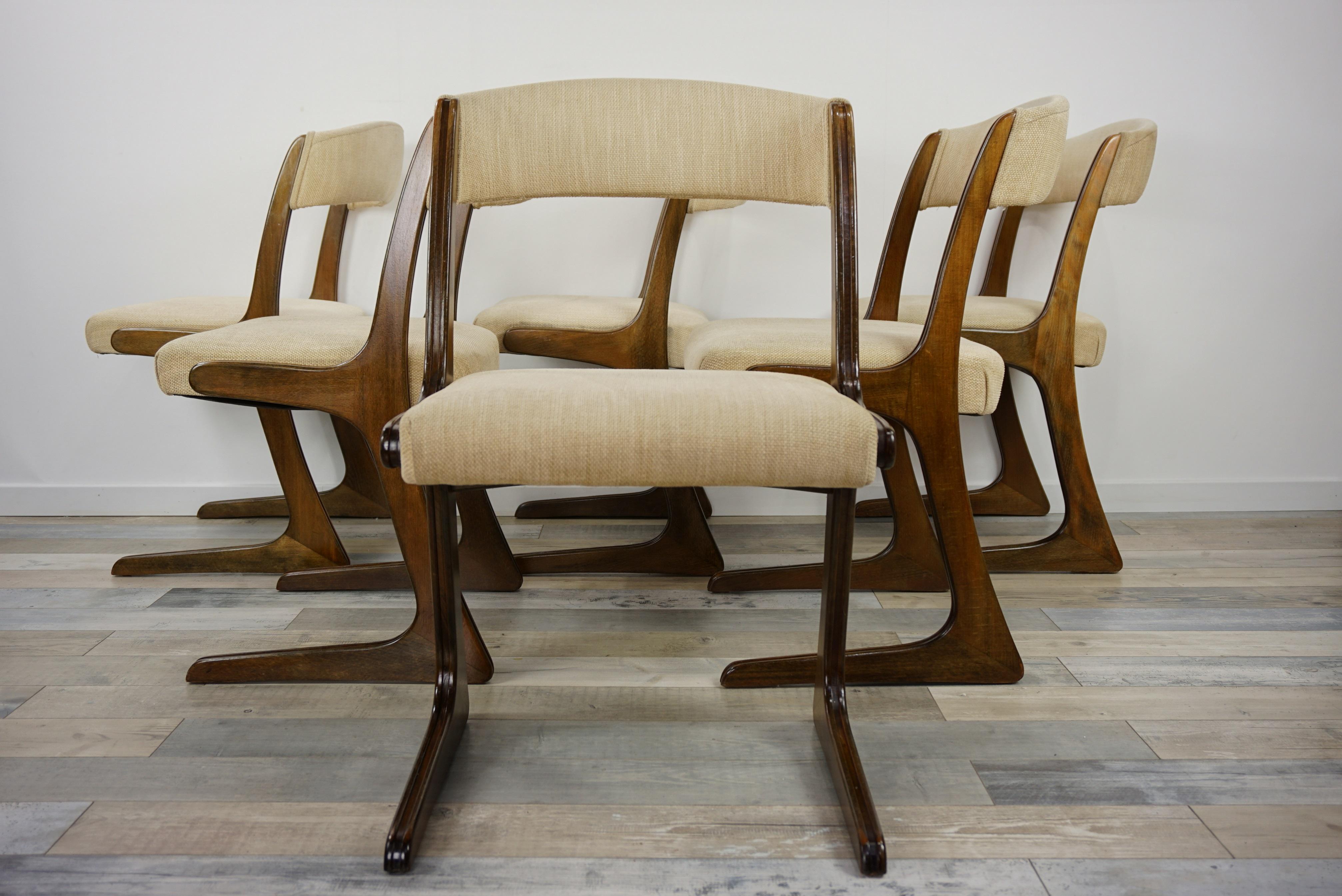 20th Century French 1960s Design Curved Wooden and Fabric Set of Six Chairs