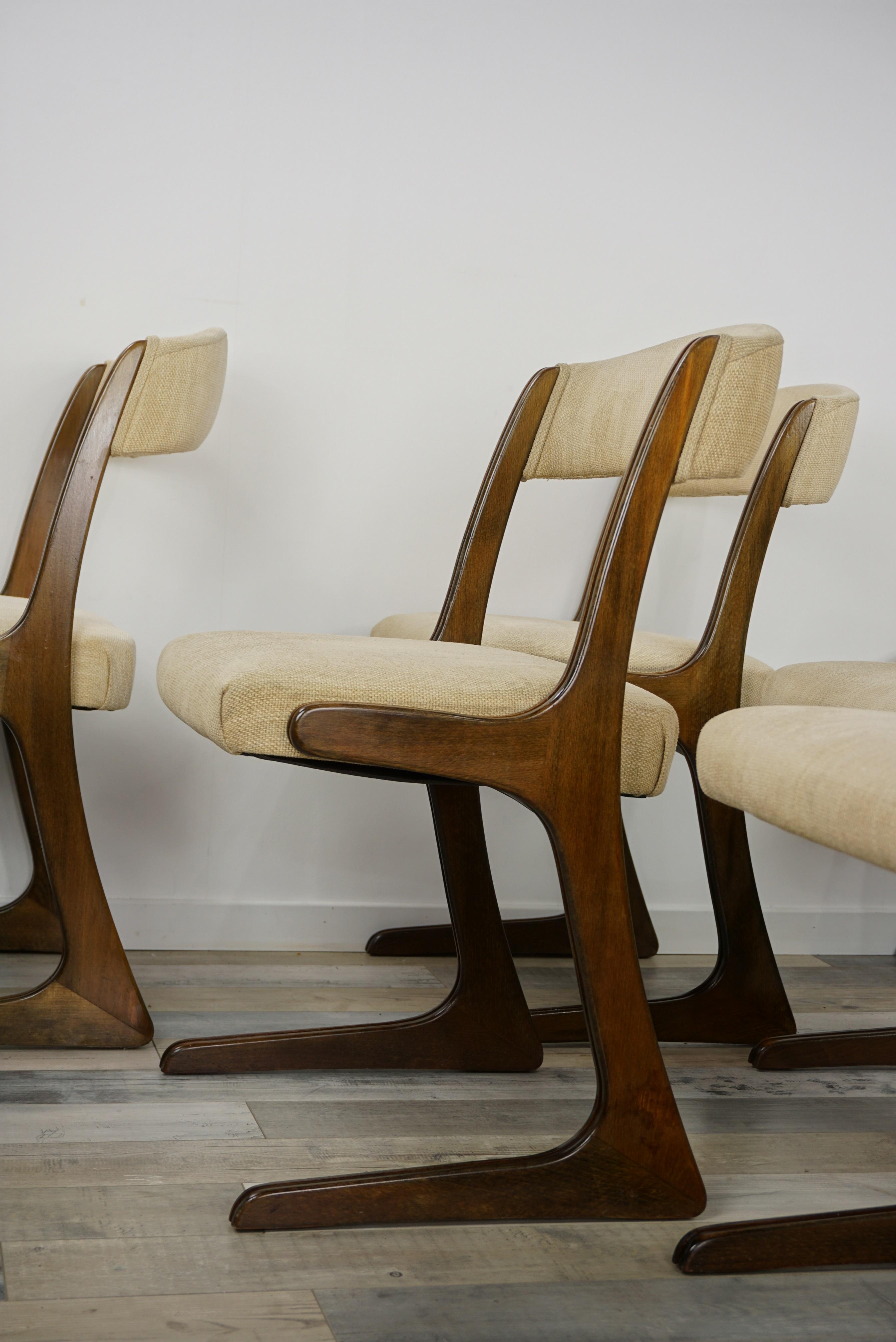 French 1960s Design Curved Wooden And Fabric Set of Six Chairs 4