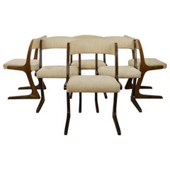 French 1960s Design Curved Wooden and Fabric Set of Six Chairs