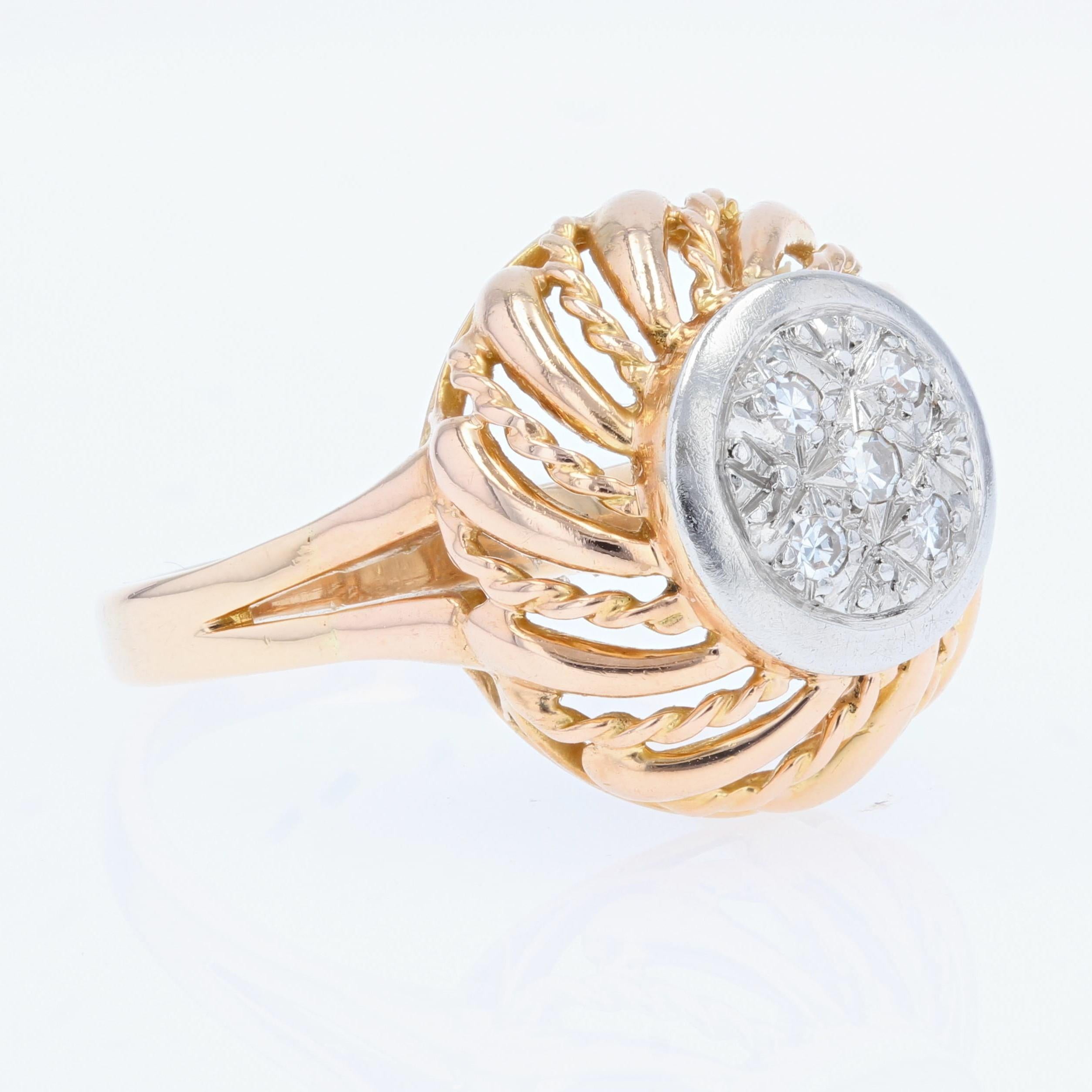 French 1960s Diamond 18 Karat Rose Gold Retro Ring In Good Condition For Sale In Poitiers, FR