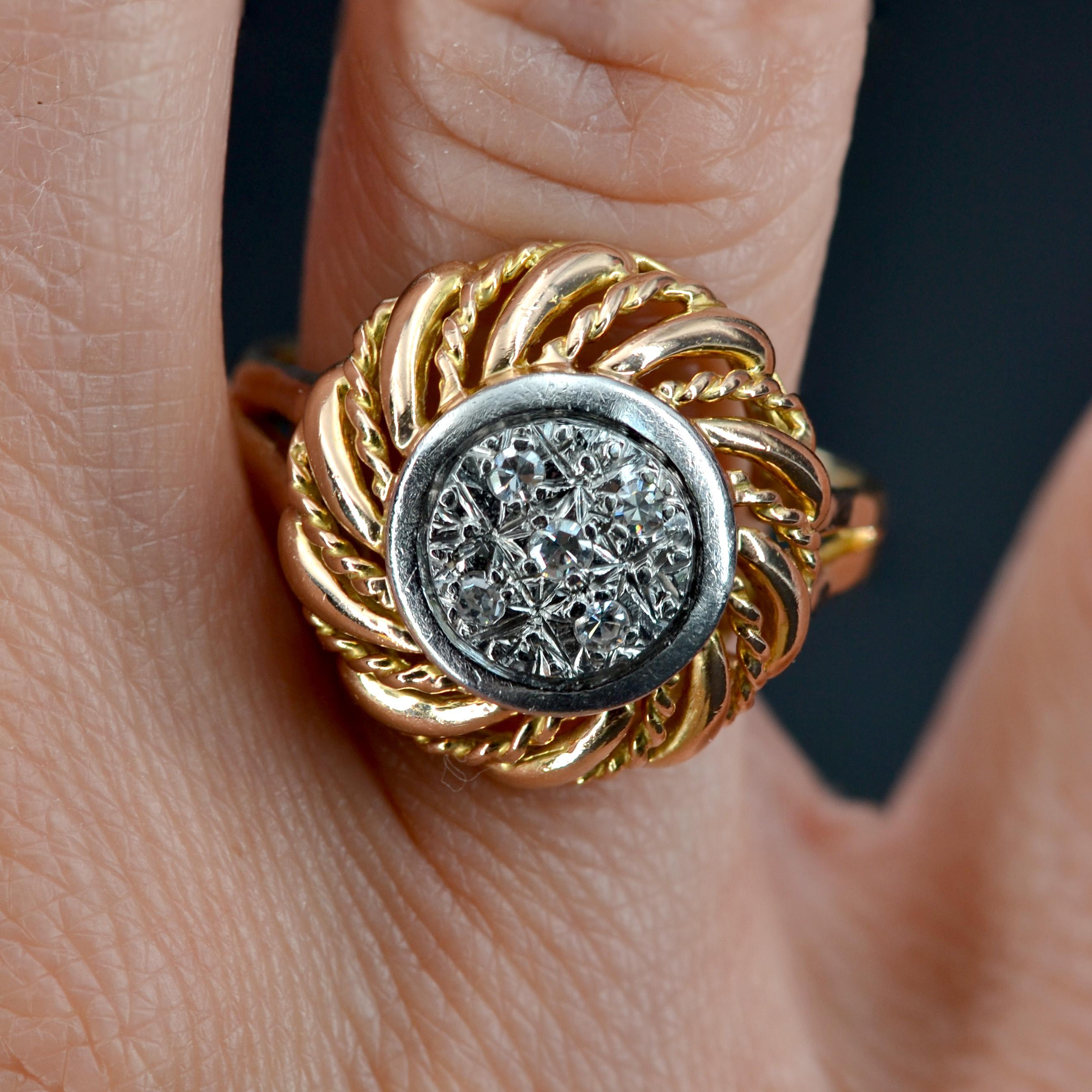 Women's French 1960s Diamond 18 Karat Rose Gold Retro Ring For Sale