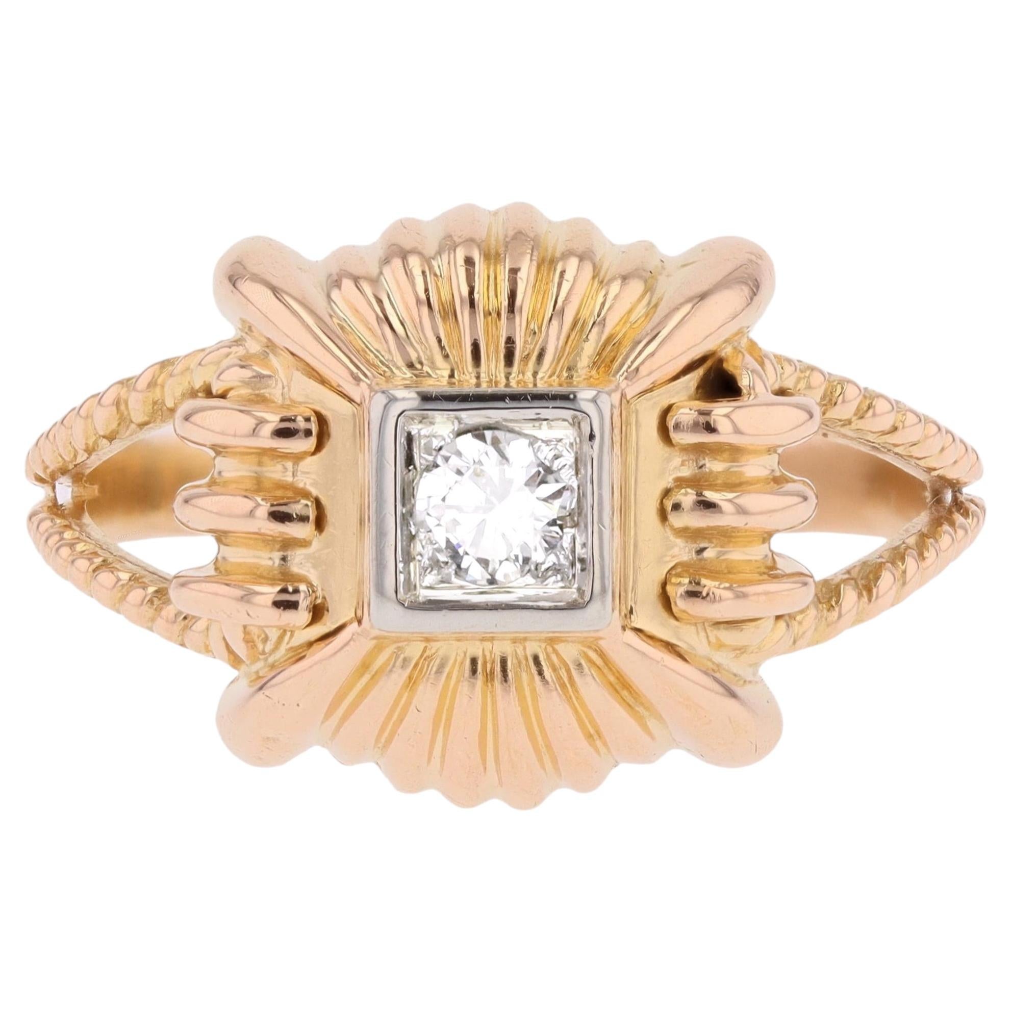 French 1960s Diamond 18 Karat Rose Gold Retro Ring