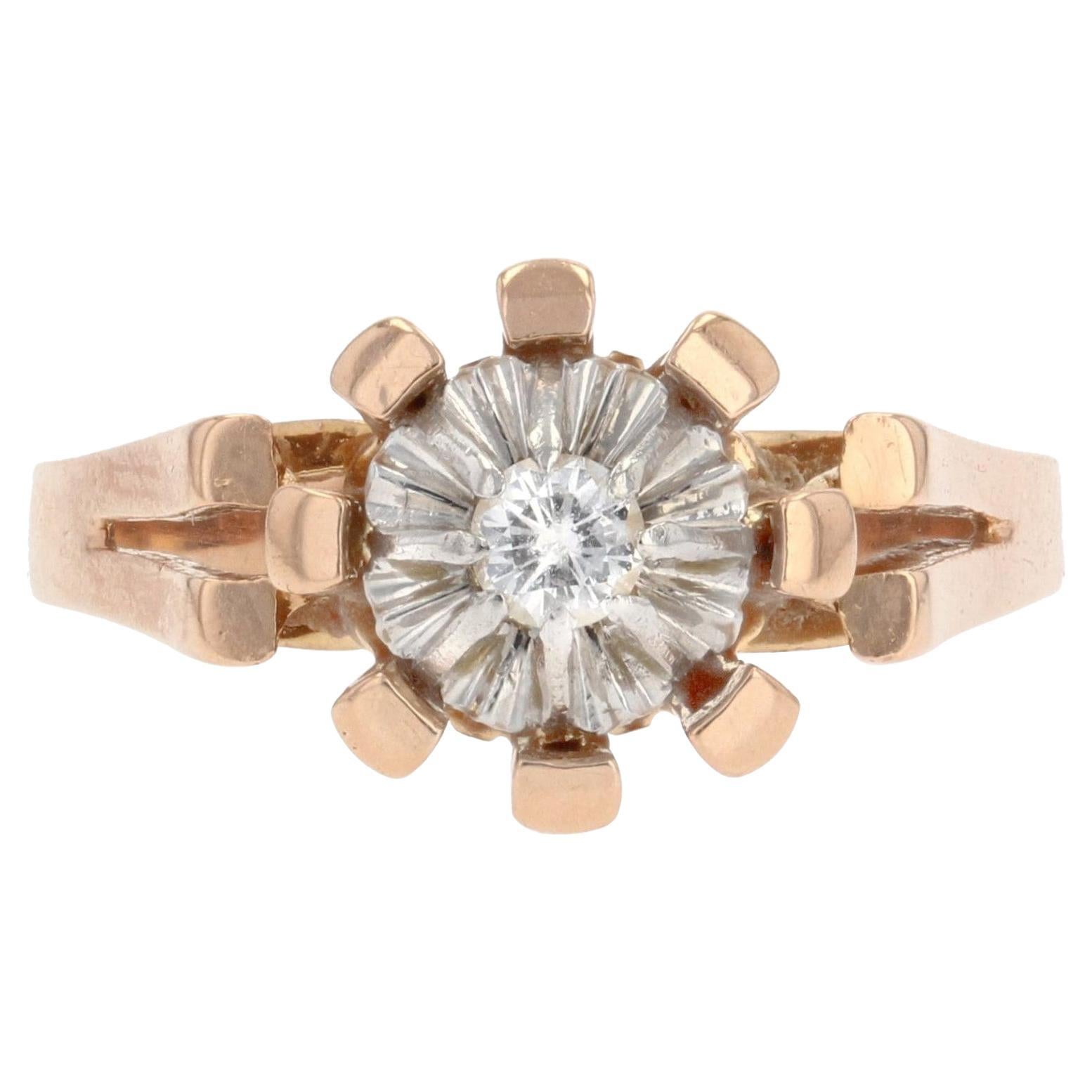 French 1960s Diamond 18 Karat Rose Gold Solitaire Ring