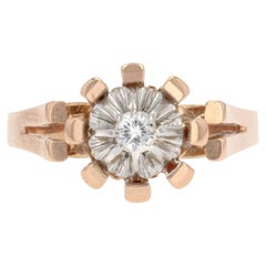 Retro French 1960s Diamond 18 Karat Rose Gold Solitaire Ring