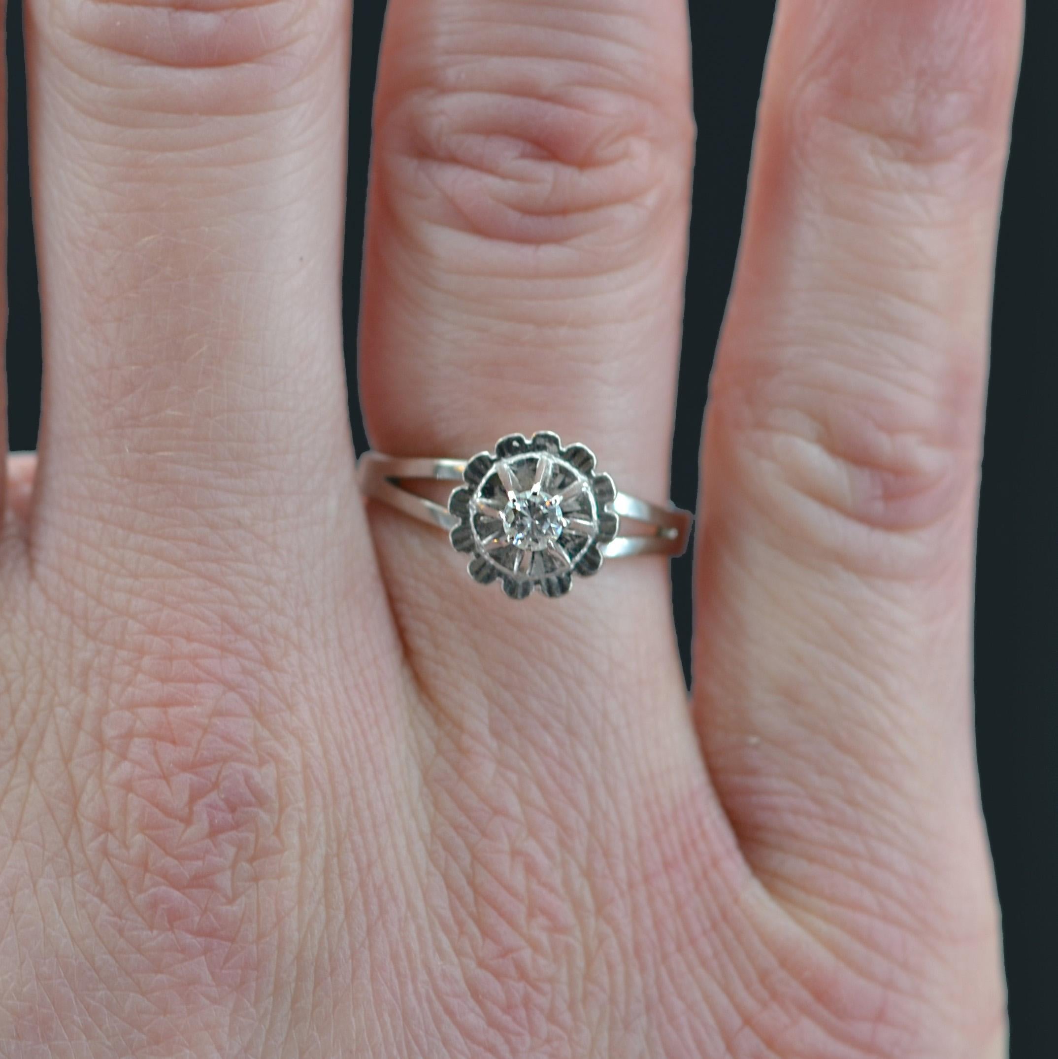 Brilliant Cut French 1960s Diamond 18 Karat White Gold Solitaire Ring For Sale