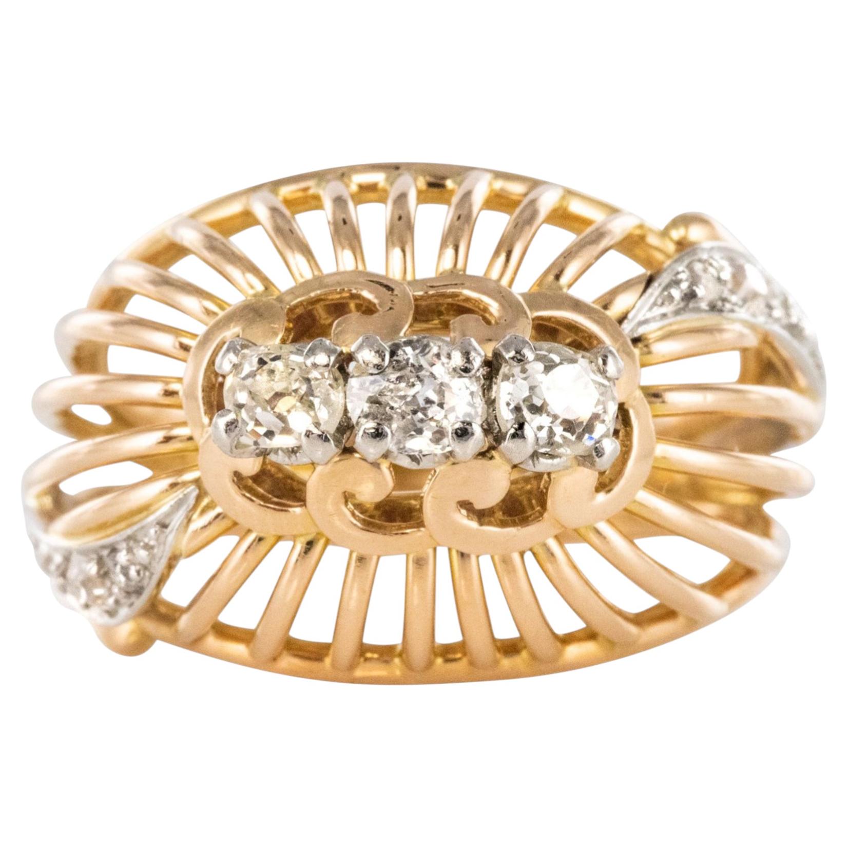 French 1960s Diamond 18 Karat Yellow Gold Thread Dome Ring For Sale