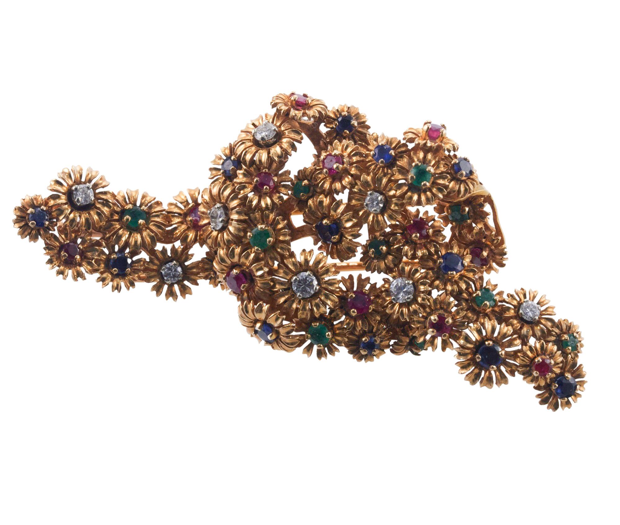 French 1960s Diamond Emerald Sapphire Flower Knot Gold Brooch In Excellent Condition For Sale In New York, NY