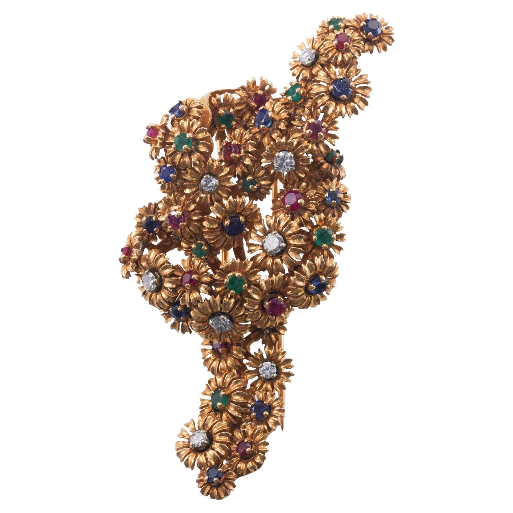 French 1960s Diamond Emerald Sapphire Flower Knot Gold Brooch For Sale