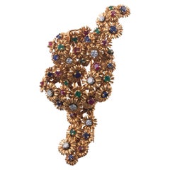 Vintage French 1960s Diamond Emerald Sapphire Flower Knot Gold Brooch