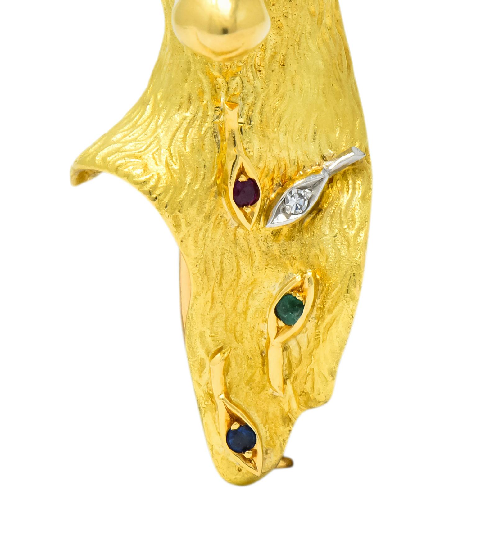Women's or Men's French 1960s Diamond Ruby Sapphire 18 Karat Gold Sculpted Fox Brooch