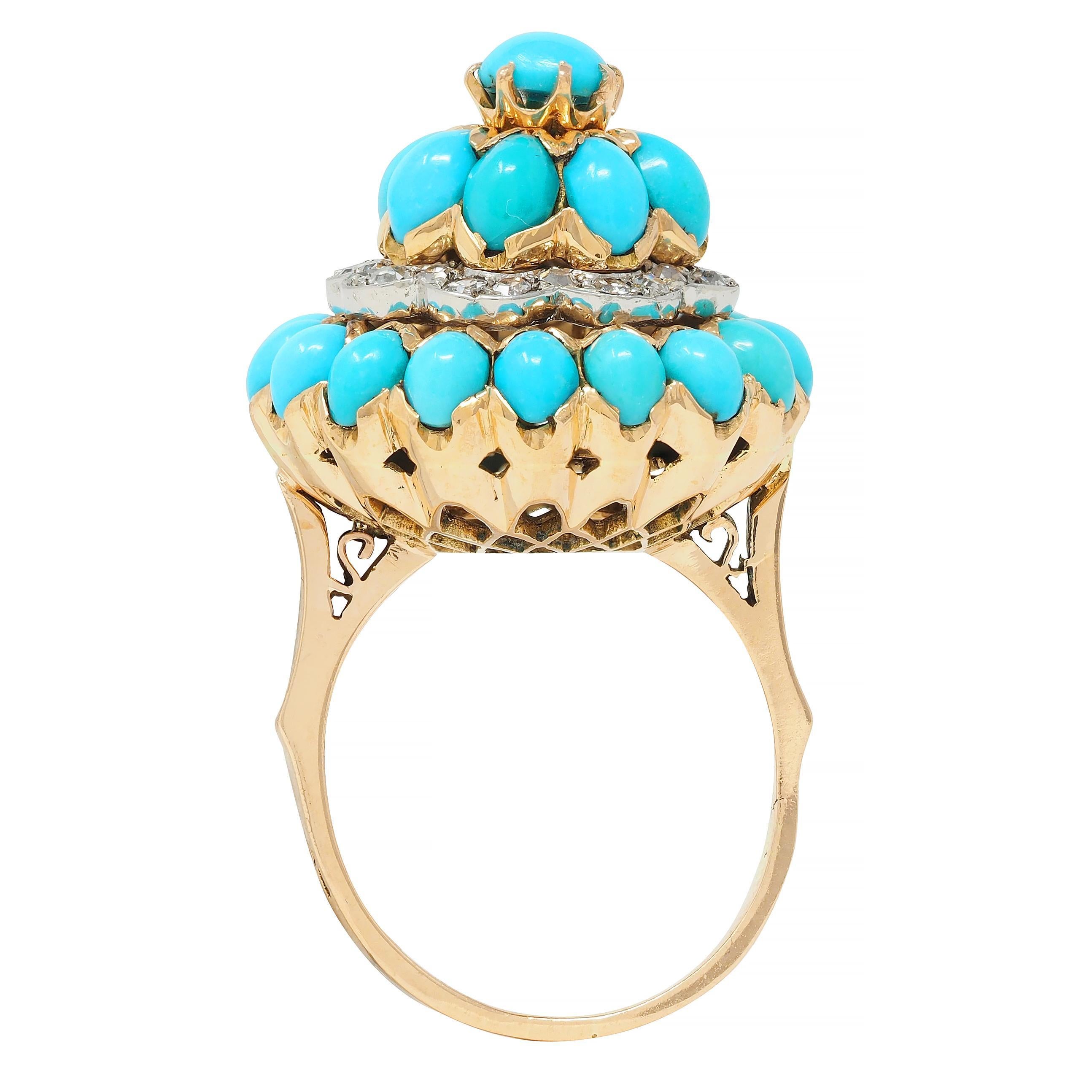 French 1960's Diamond Turquoise Platinum 18 Karat Yellow Gold Cluster Ring 5