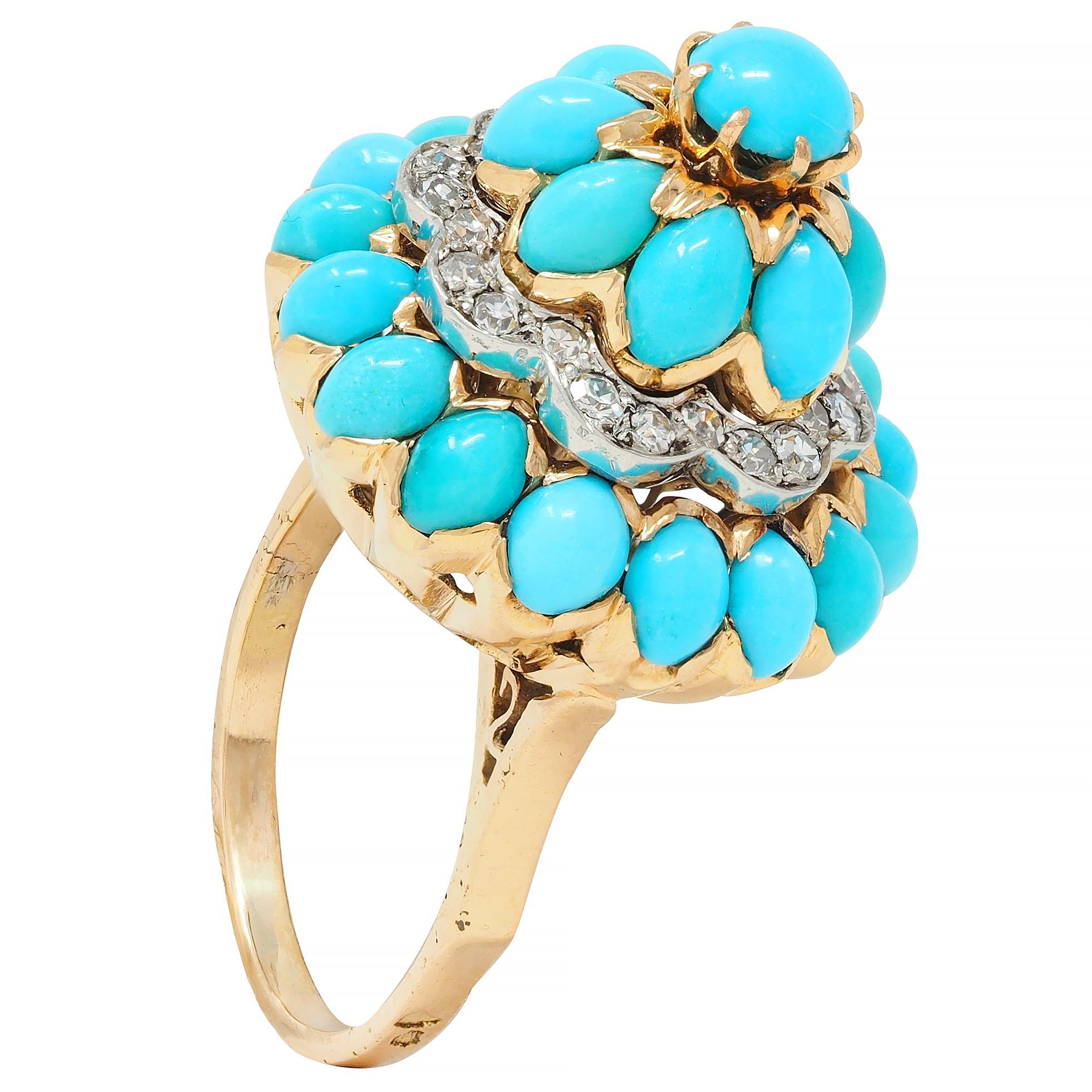 French 1960's Diamond Turquoise Platinum 18 Karat Yellow Gold Cluster Ring 6