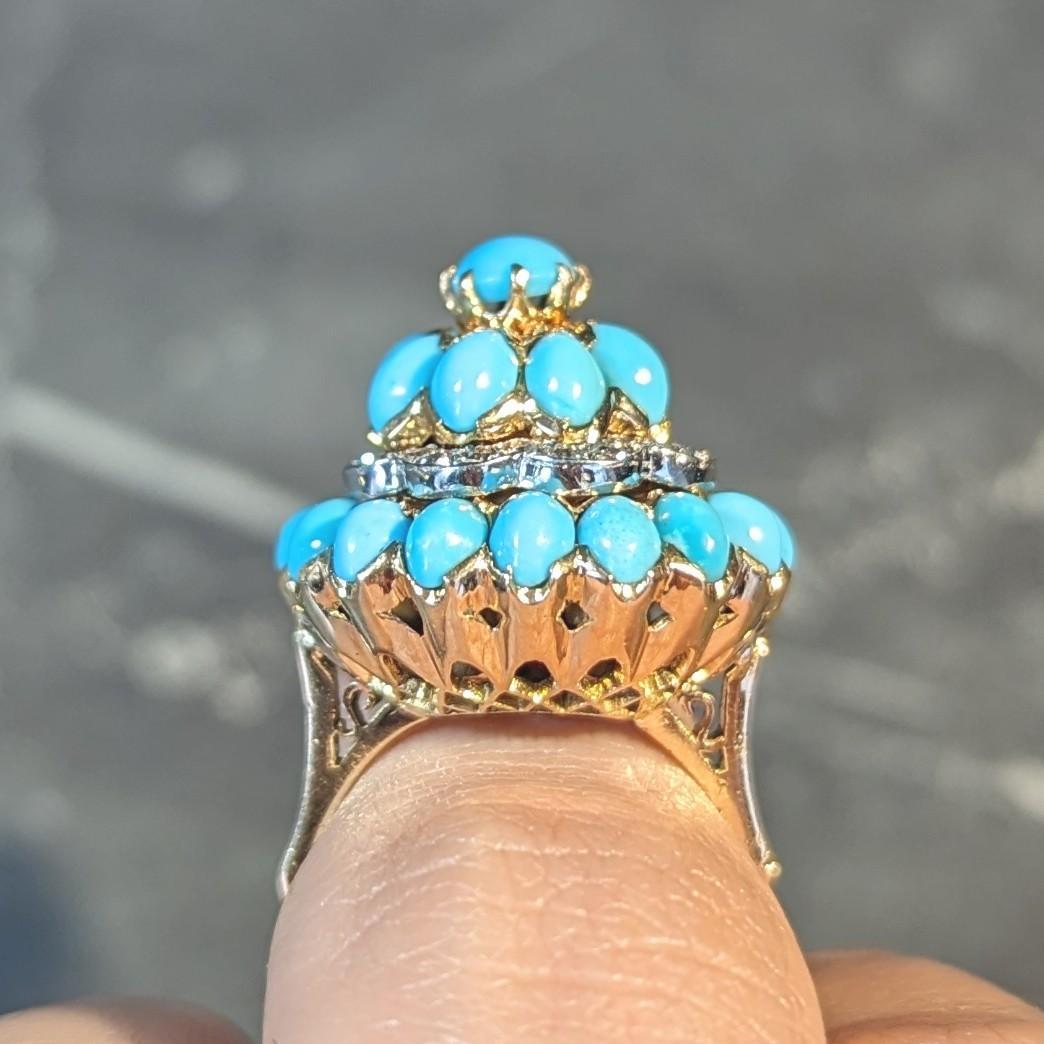 French 1960's Diamond Turquoise Platinum 18 Karat Yellow Gold Cluster Ring 9