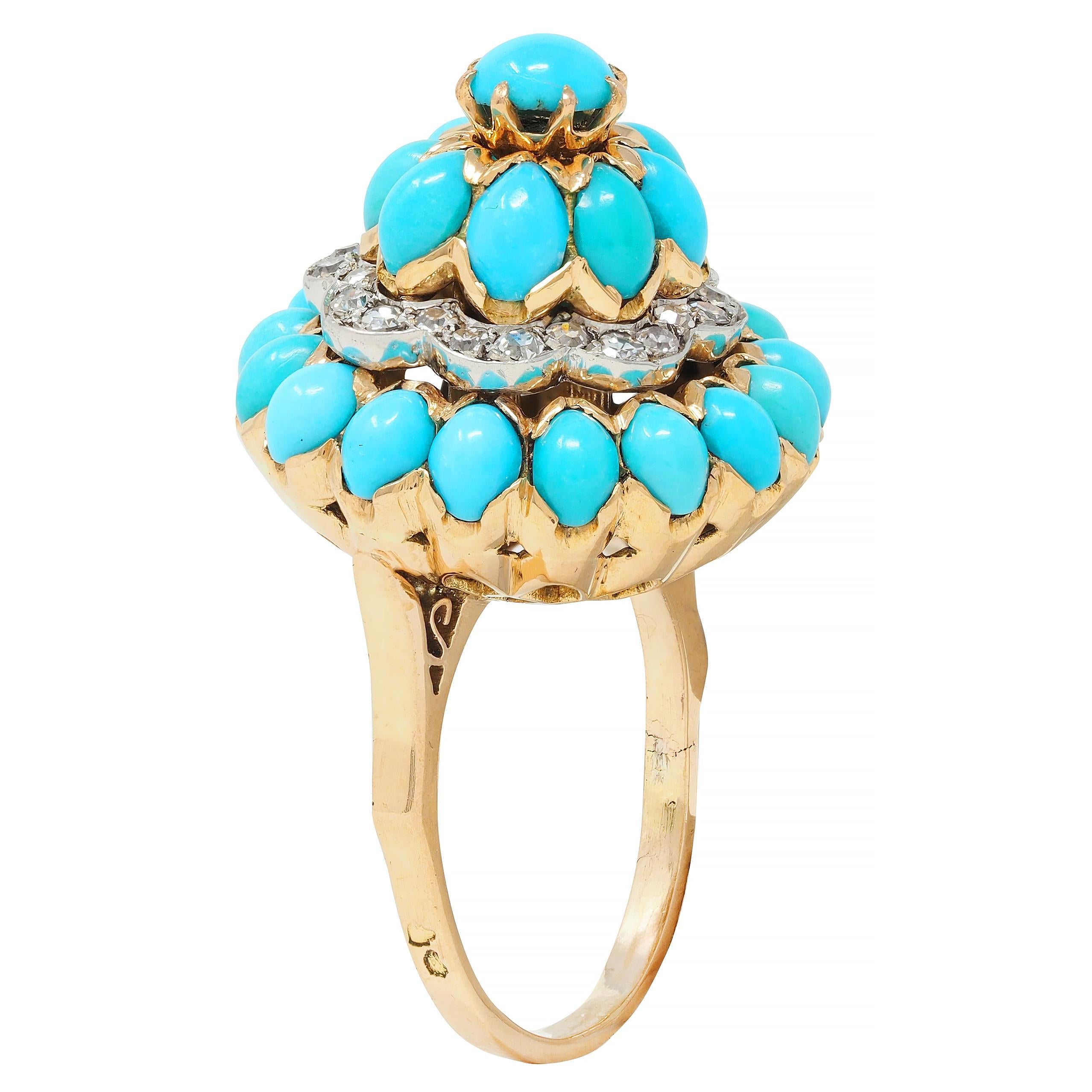 Designed as birthday cake-style cluster comprised of tiered radial rows of turquoise
Round and marquise-shaped cabochons are opaque greenish blue to robin's egg blue
Ranging in size from 5.0 mm round to 3.0 x 4.5 mm - prong set 
Featuring one