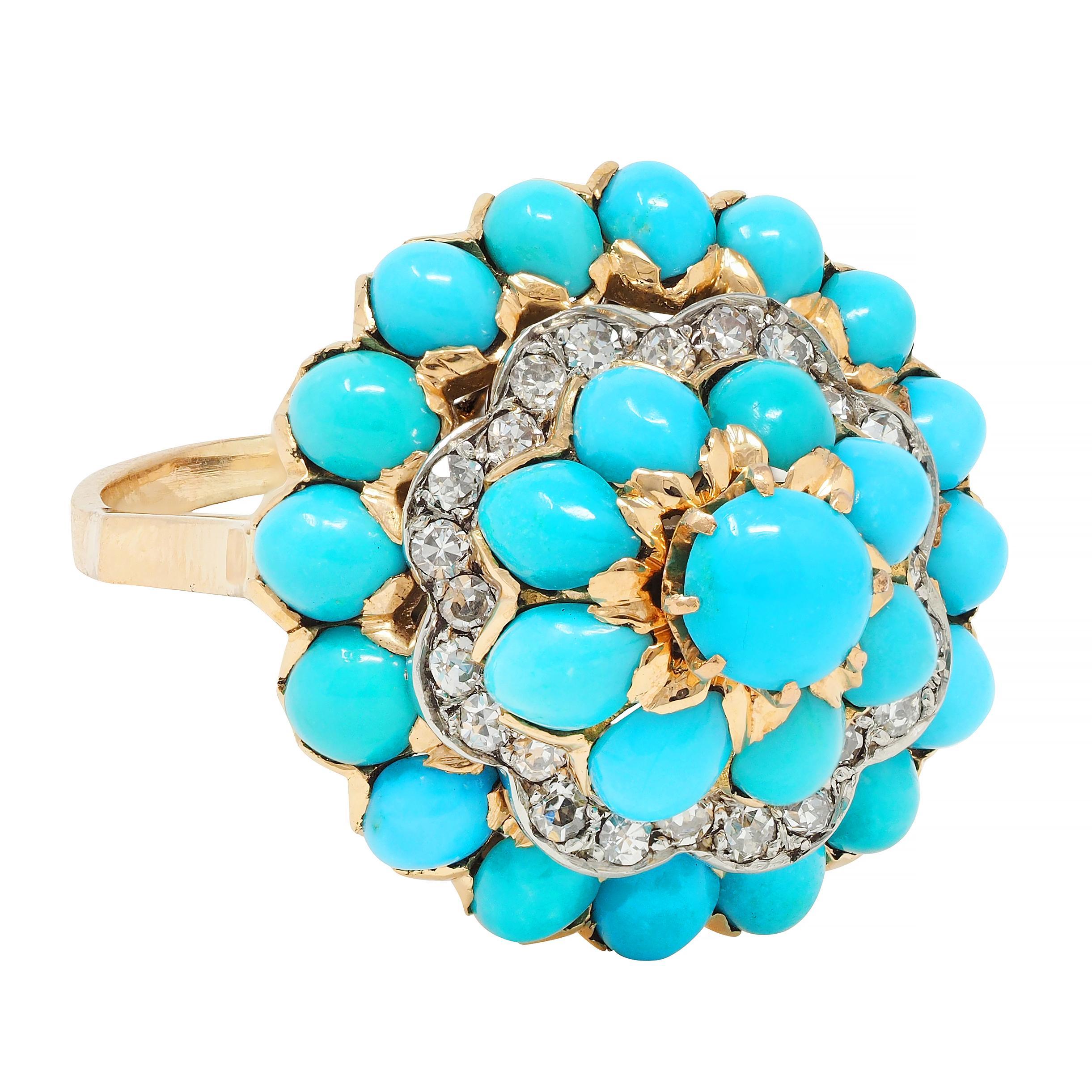 Single Cut French 1960's Diamond Turquoise Platinum 18 Karat Yellow Gold Cluster Ring
