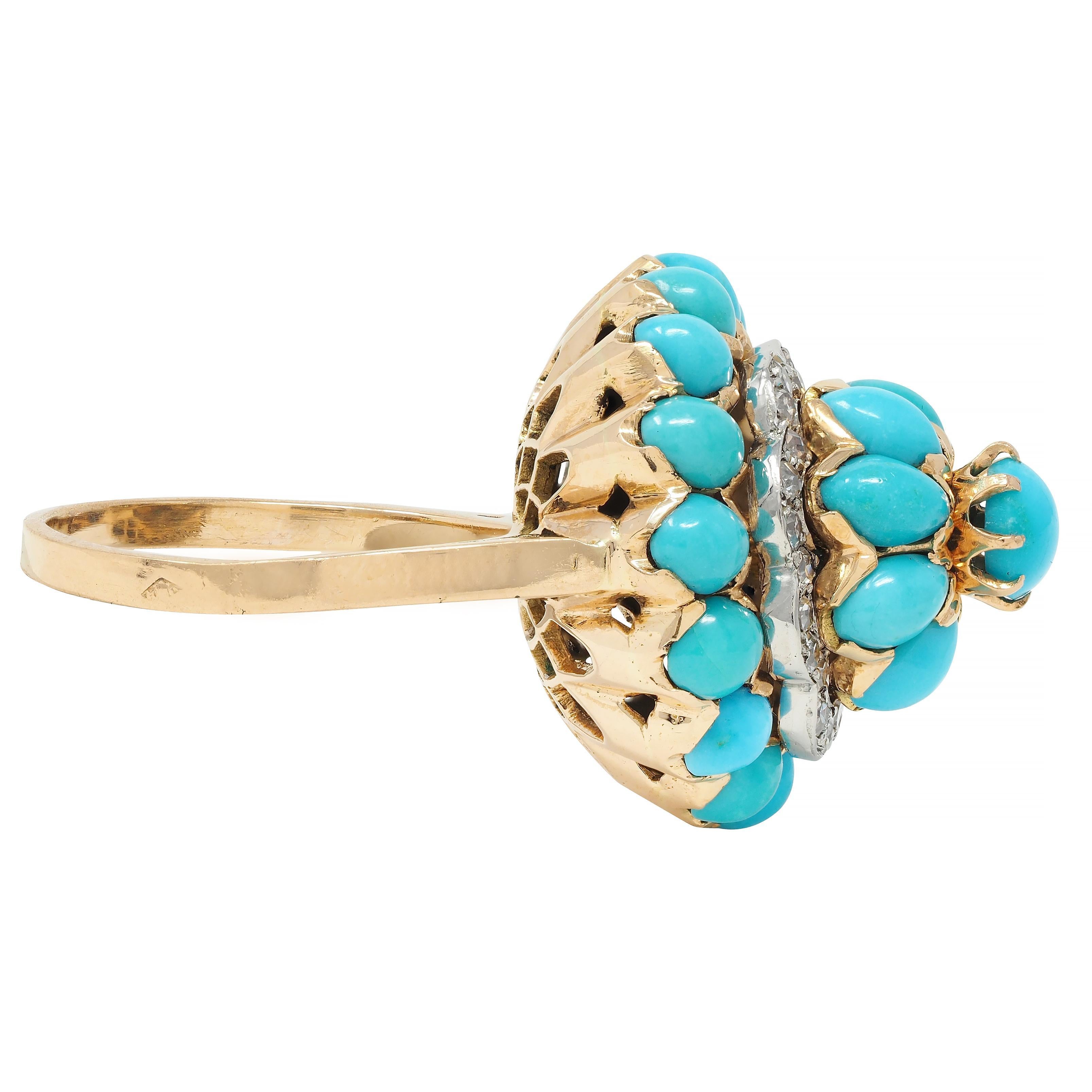 French 1960's Diamond Turquoise Platinum 18 Karat Yellow Gold Cluster Ring In Excellent Condition In Philadelphia, PA