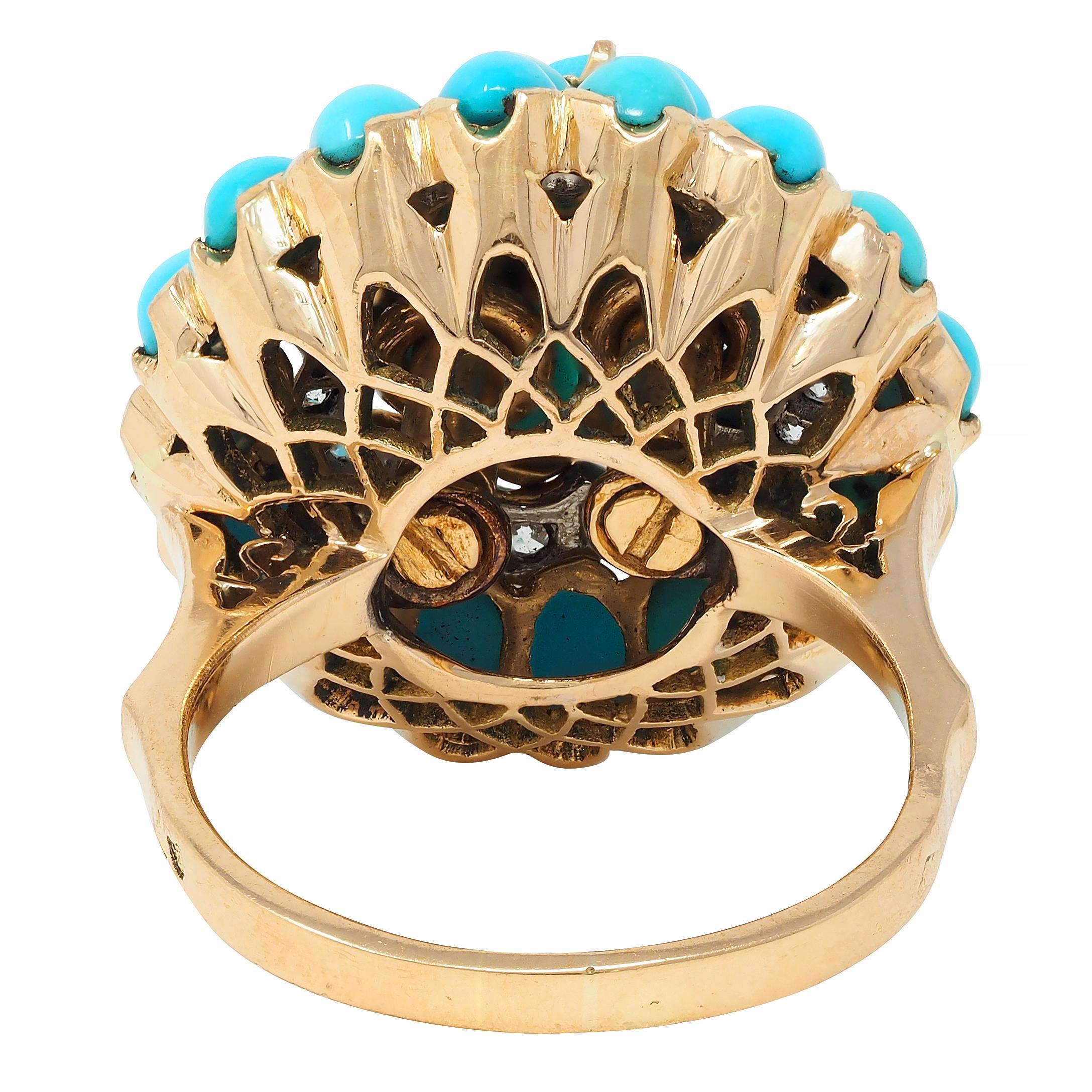 Women's or Men's French 1960's Diamond Turquoise Platinum 18 Karat Yellow Gold Cluster Ring