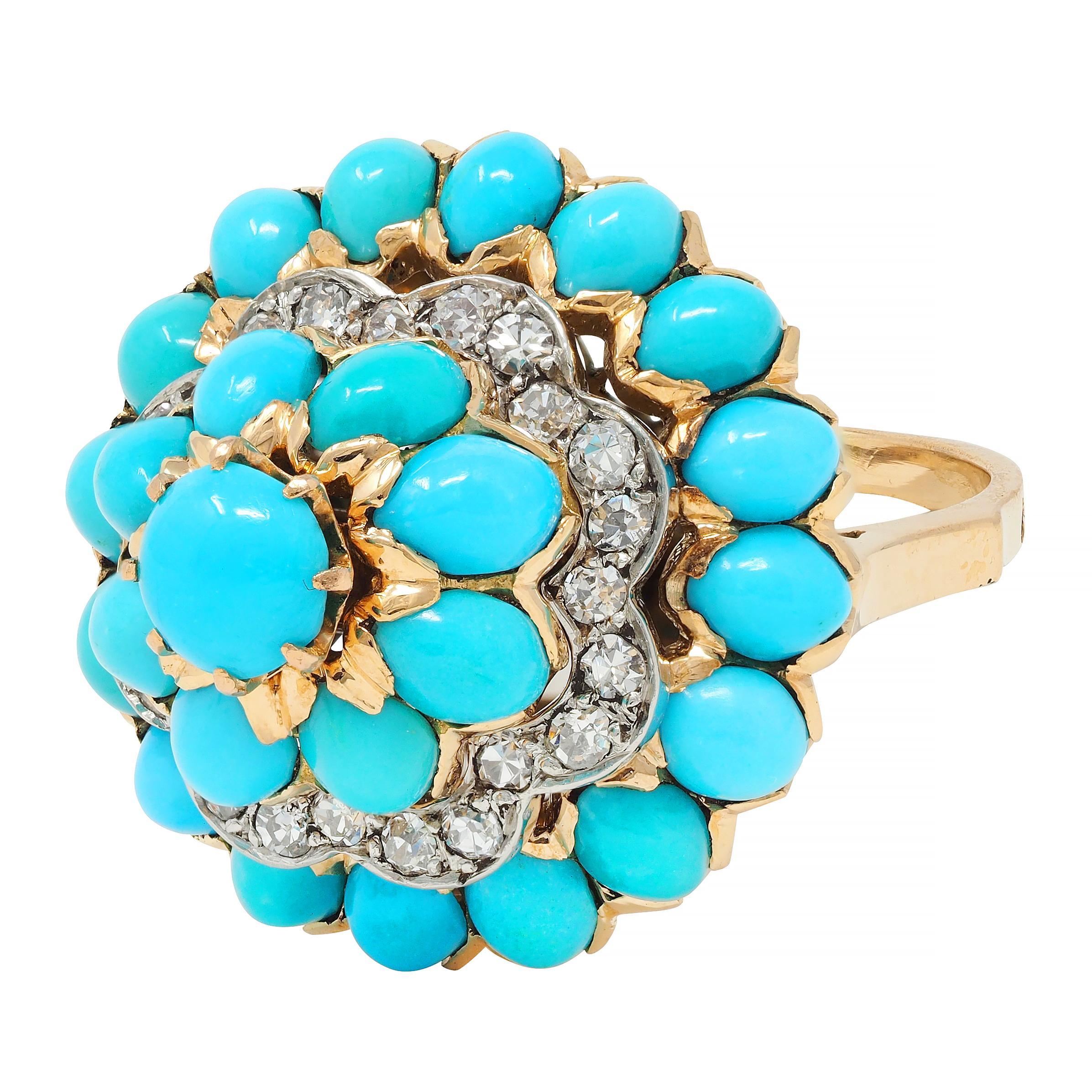 French 1960's Diamond Turquoise Platinum 18 Karat Yellow Gold Cluster Ring 2
