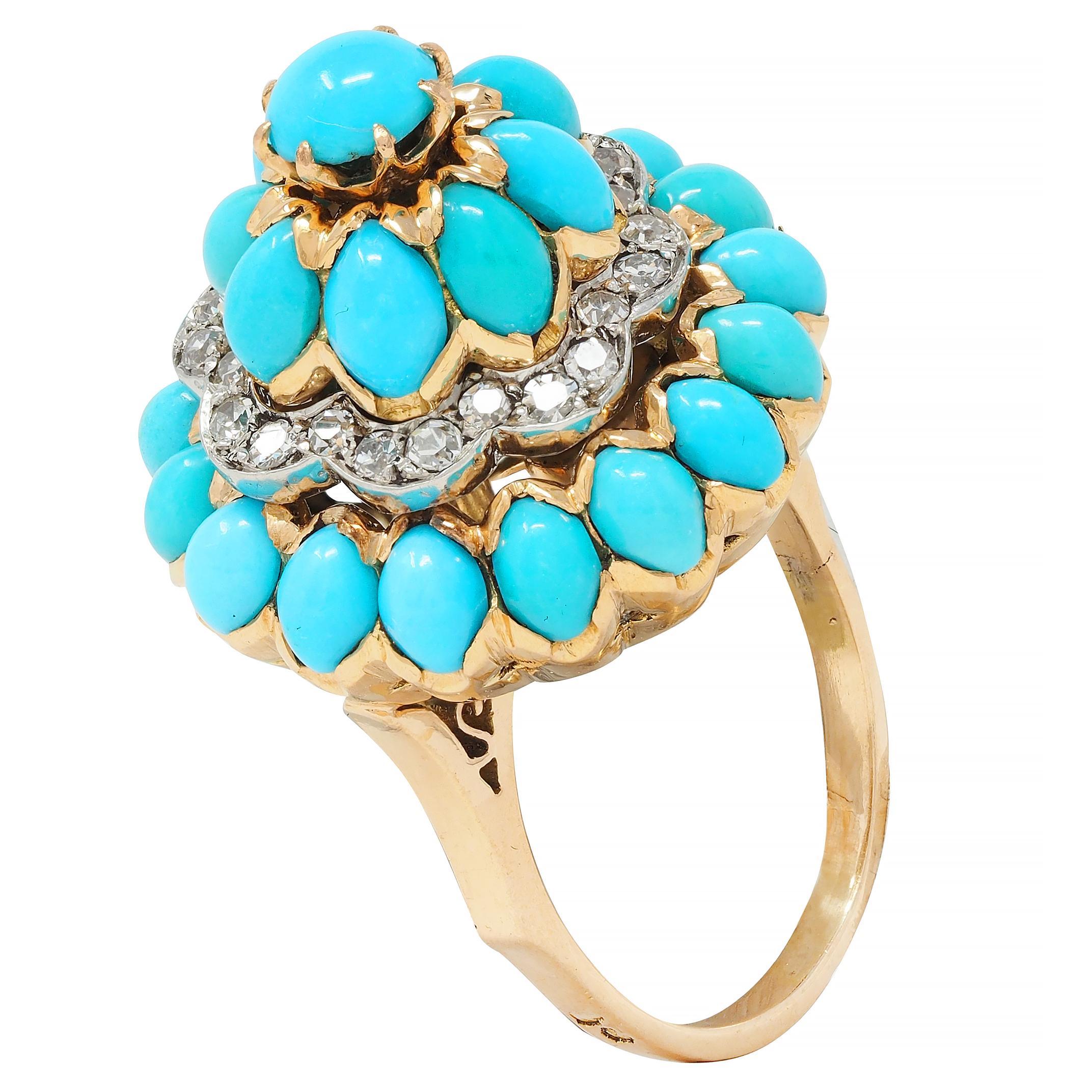 French 1960's Diamond Turquoise Platinum 18 Karat Yellow Gold Cluster Ring 4
