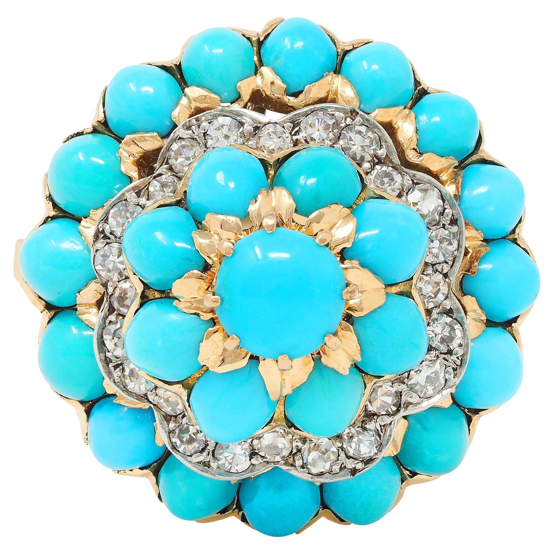 French 1960's Diamond Turquoise Platinum 18 Karat Yellow Gold Cluster Ring