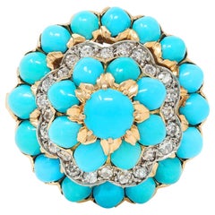 Vintage French 1960's Diamond Turquoise Platinum 18 Karat Yellow Gold Cluster Ring