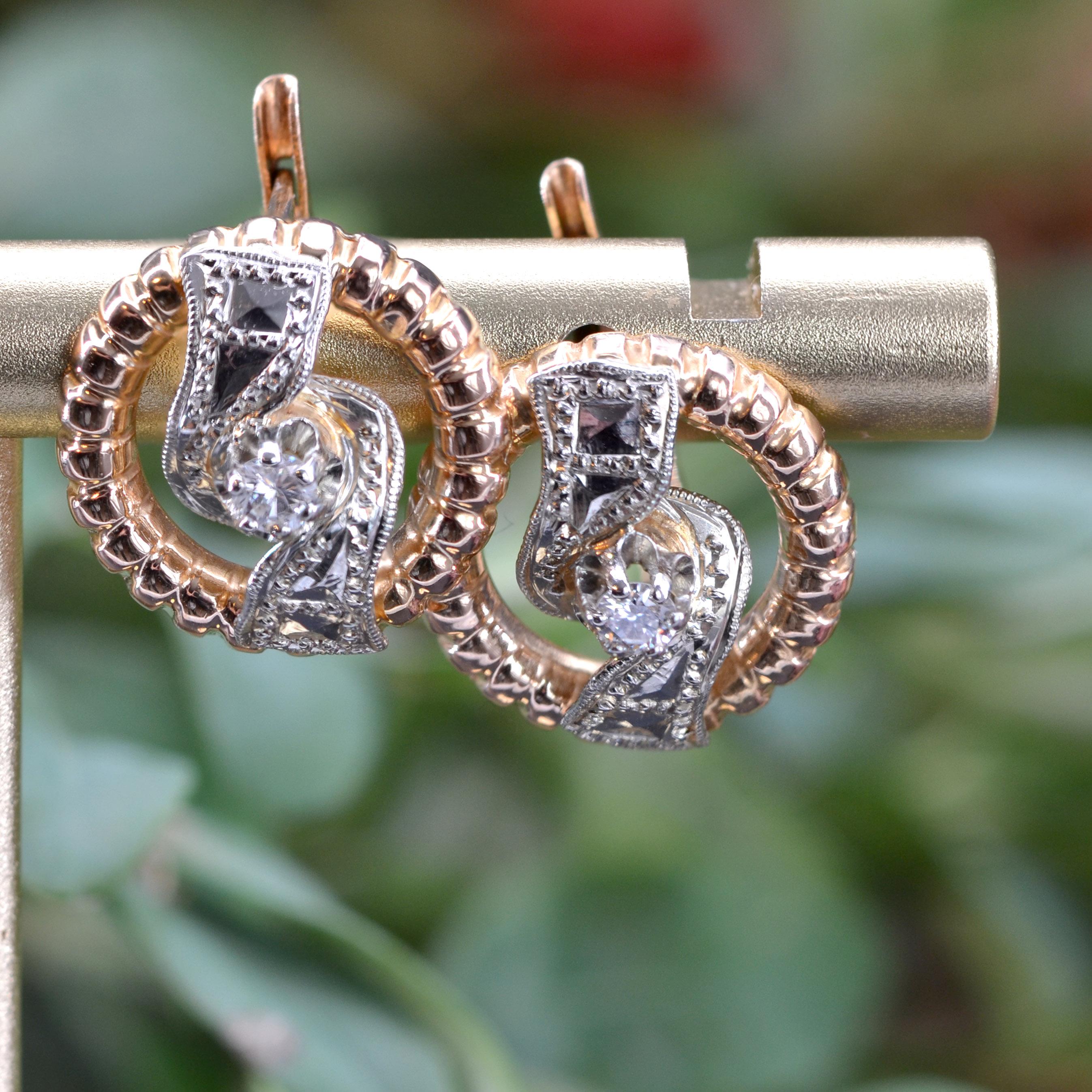 Retro French 1960s Diamonds 18 Karat Rose White Gold Earrings For Sale