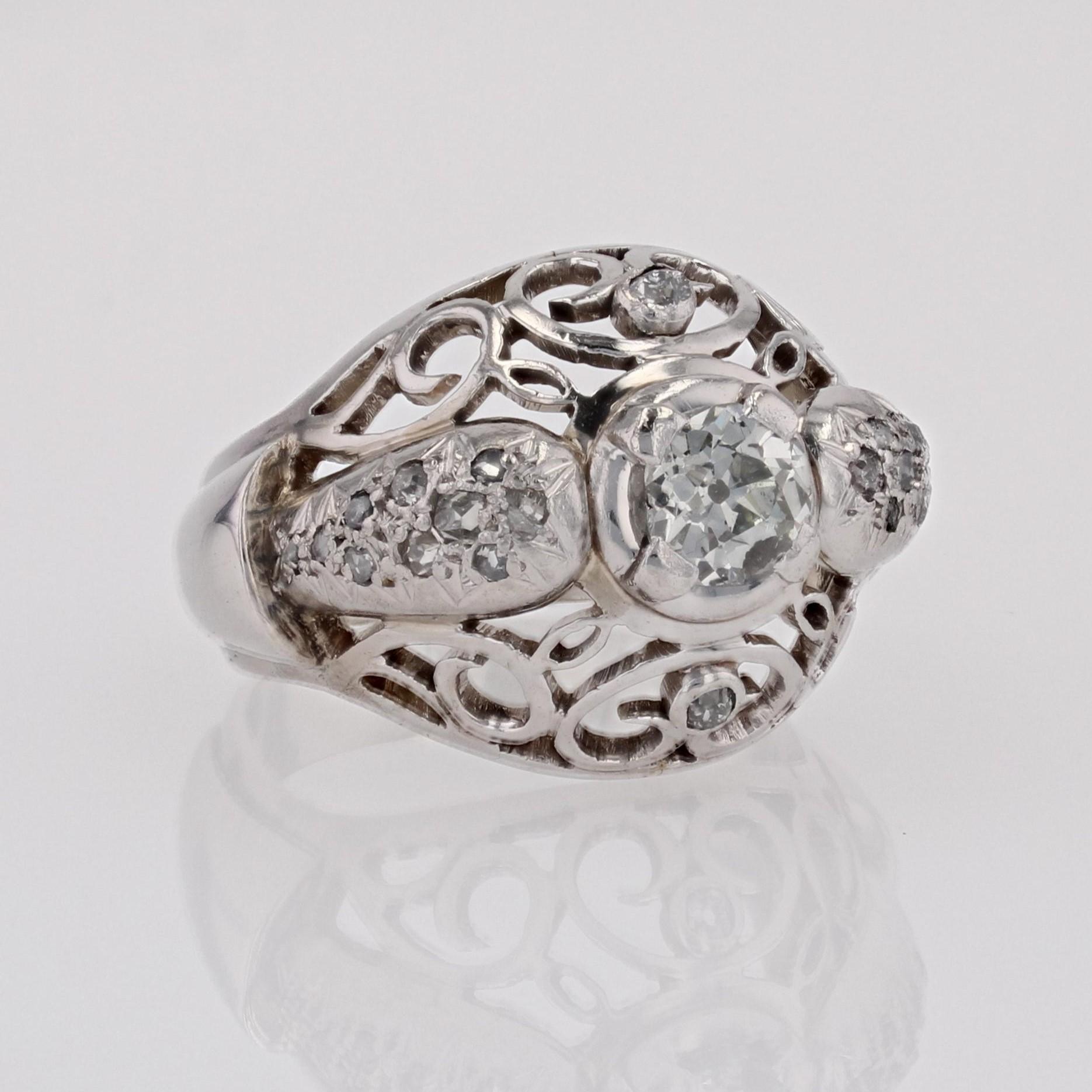 French 1960s Diamonds 18 Karat White Gold Openwork Dome Ring For Sale 5