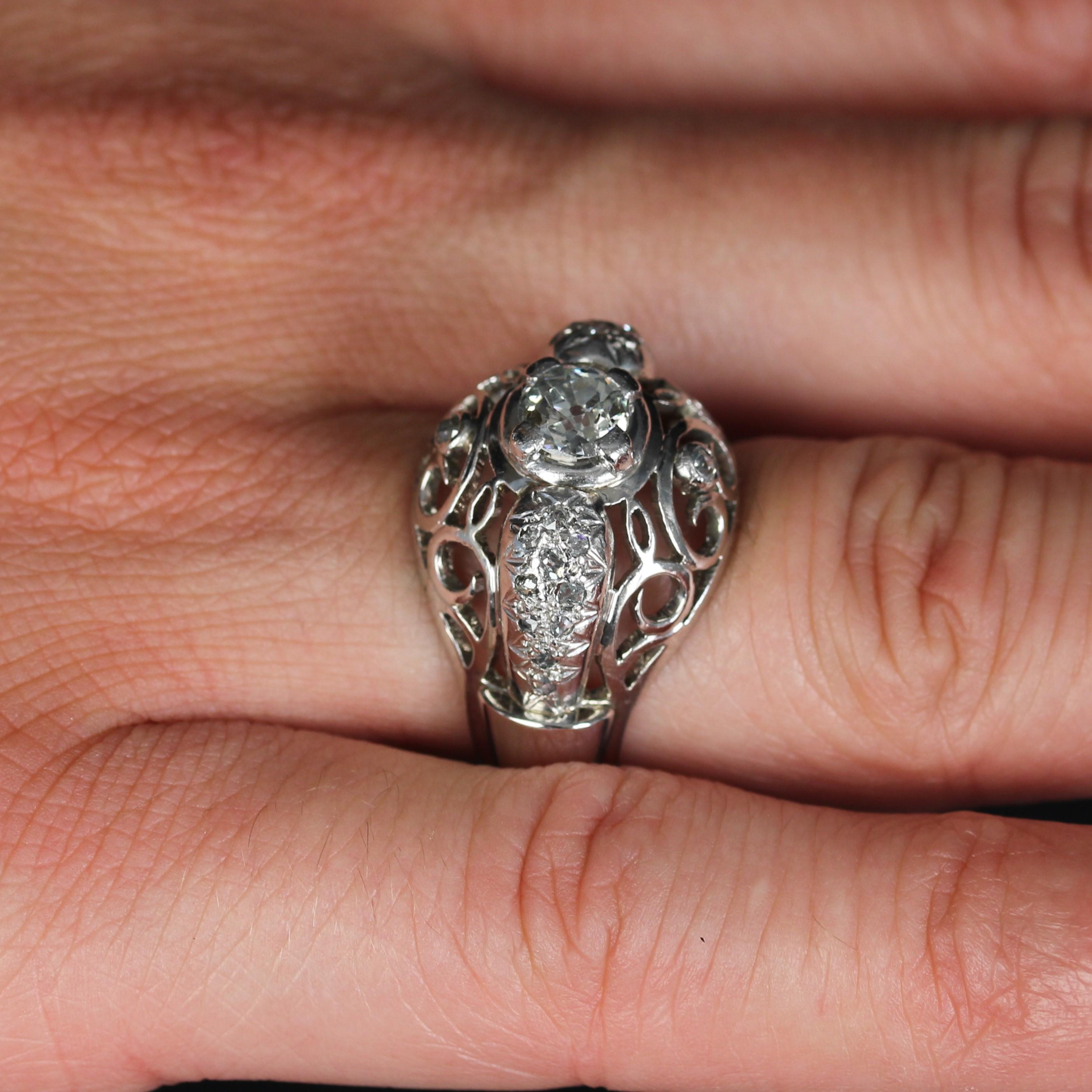 French 1960s Diamonds 18 Karat White Gold Openwork Dome Ring For Sale 6