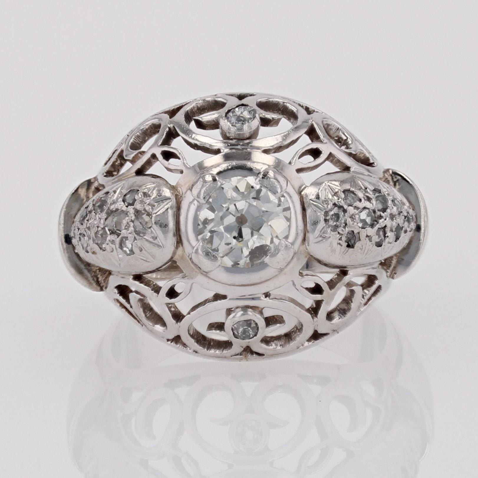 French 1960s Diamonds 18 Karat White Gold Openwork Dome Ring For Sale 7