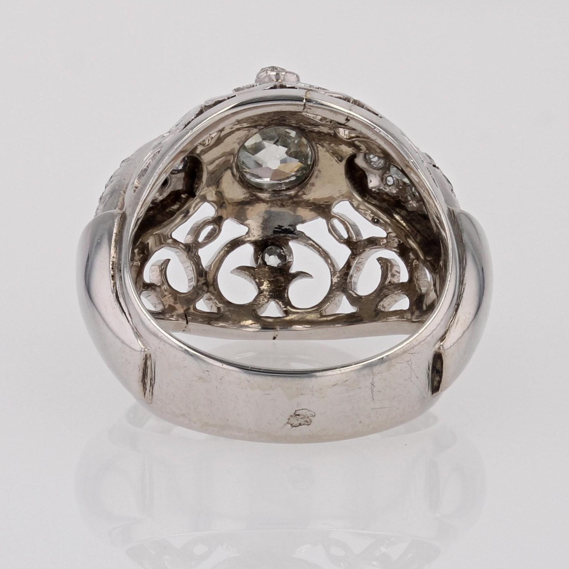French 1960s Diamonds 18 Karat White Gold Openwork Dome Ring For Sale 8