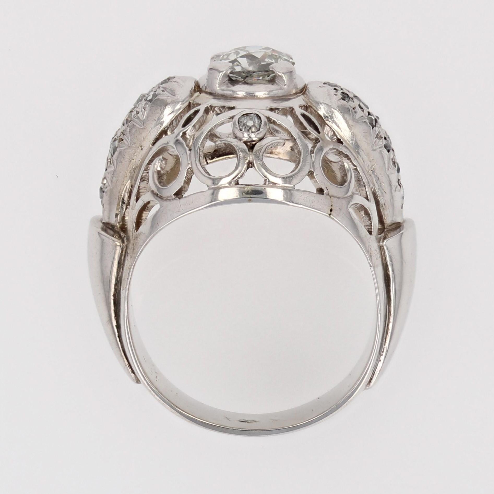 French 1960s Diamonds 18 Karat White Gold Openwork Dome Ring For Sale 9