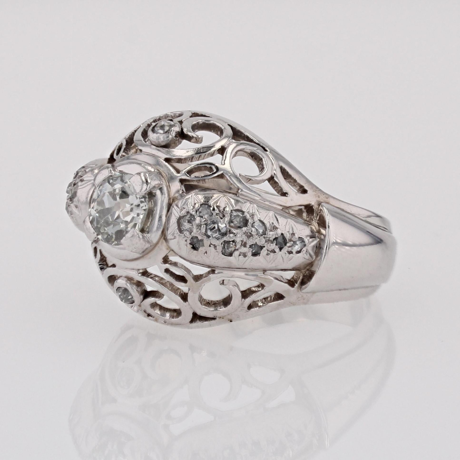 French 1960s Diamonds 18 Karat White Gold Openwork Dome Ring For Sale 3