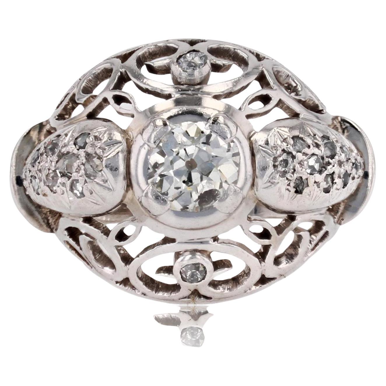 Französischer 1960er Jahre Diamanten 18 Karat Weißgold durchbrochener Dome Ring im Angebot