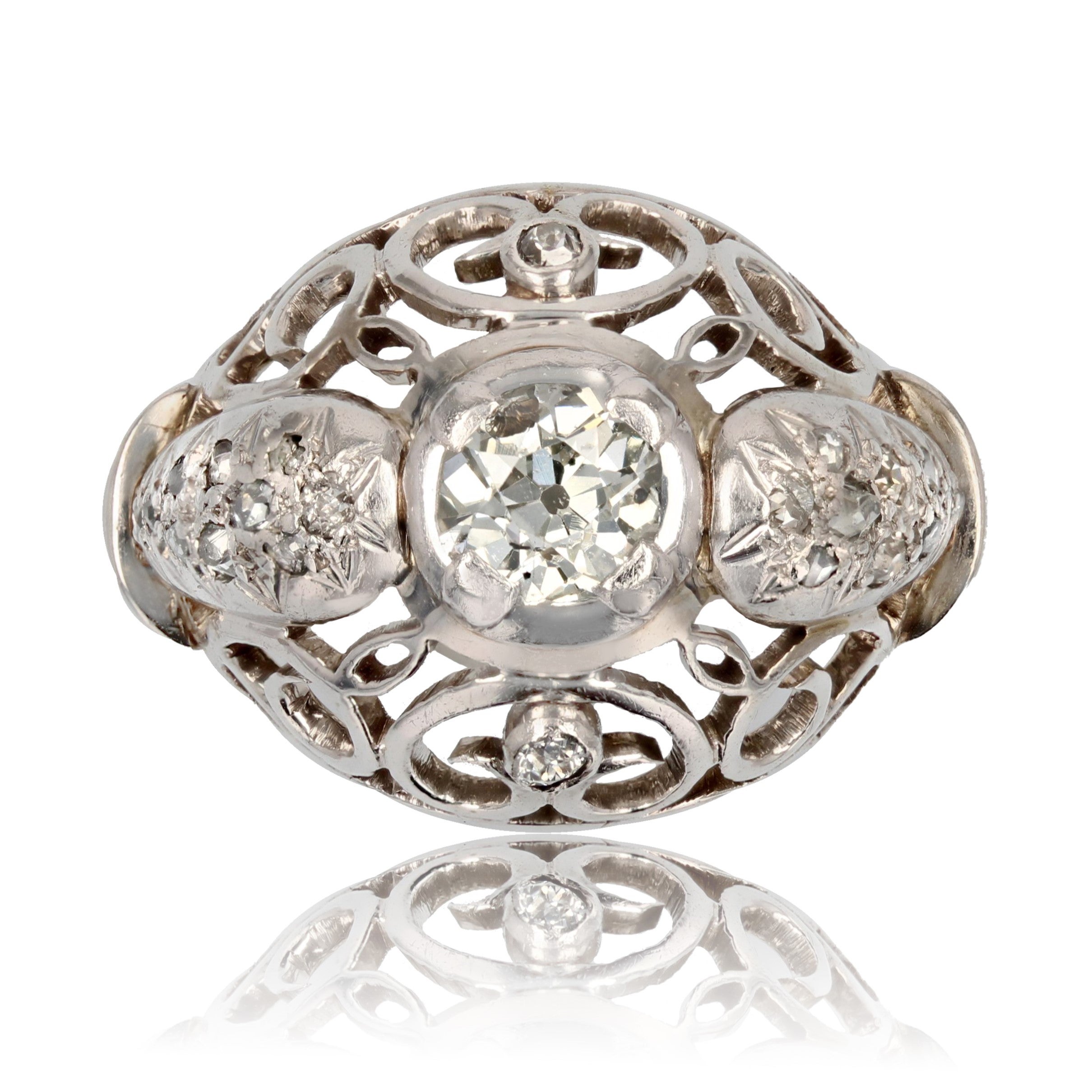 French 1960s Diamonds 18 Karat White Gold Openwork Dome Ring