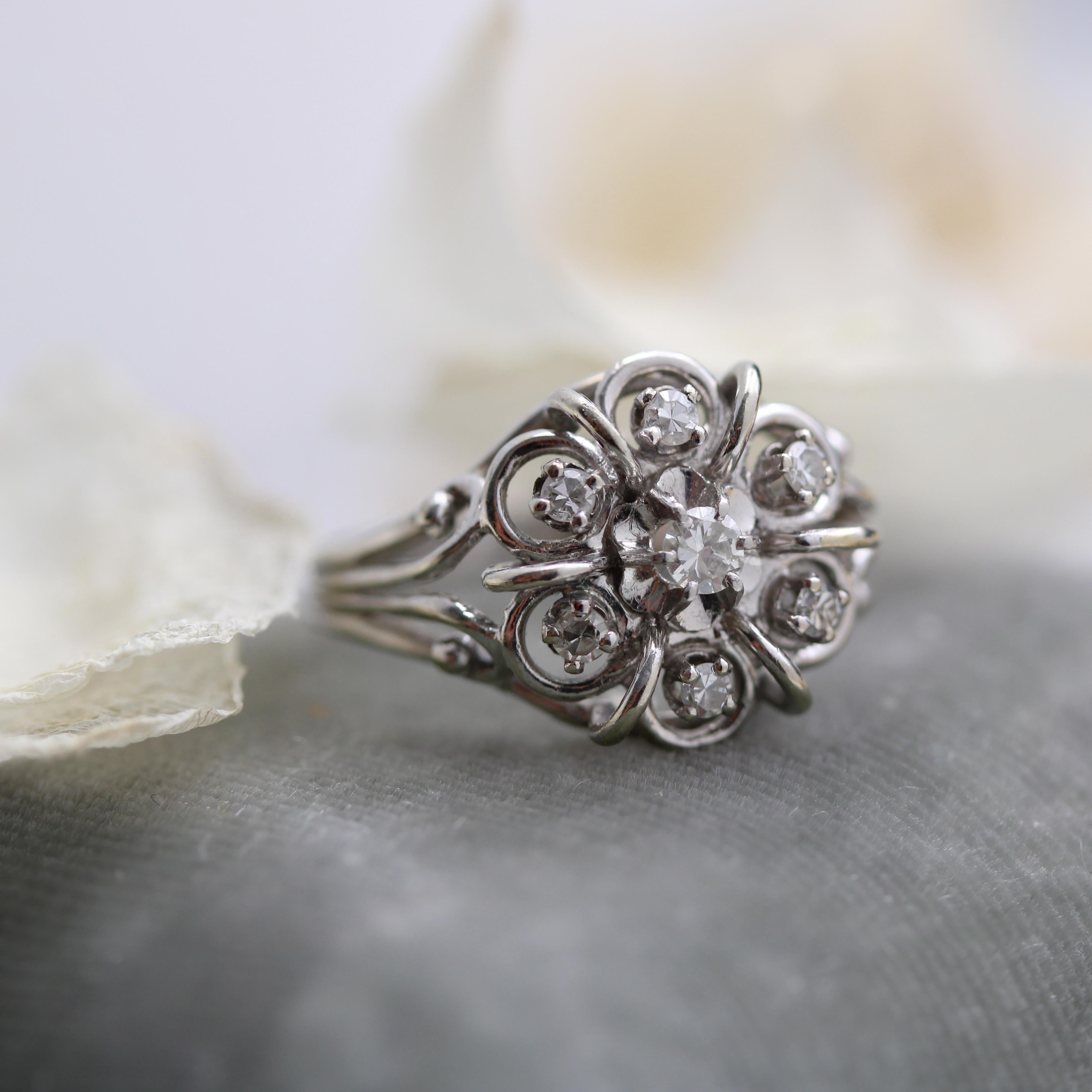 French 1960s Diamonds 18 Karat White Gold Thread Ring For Sale 2