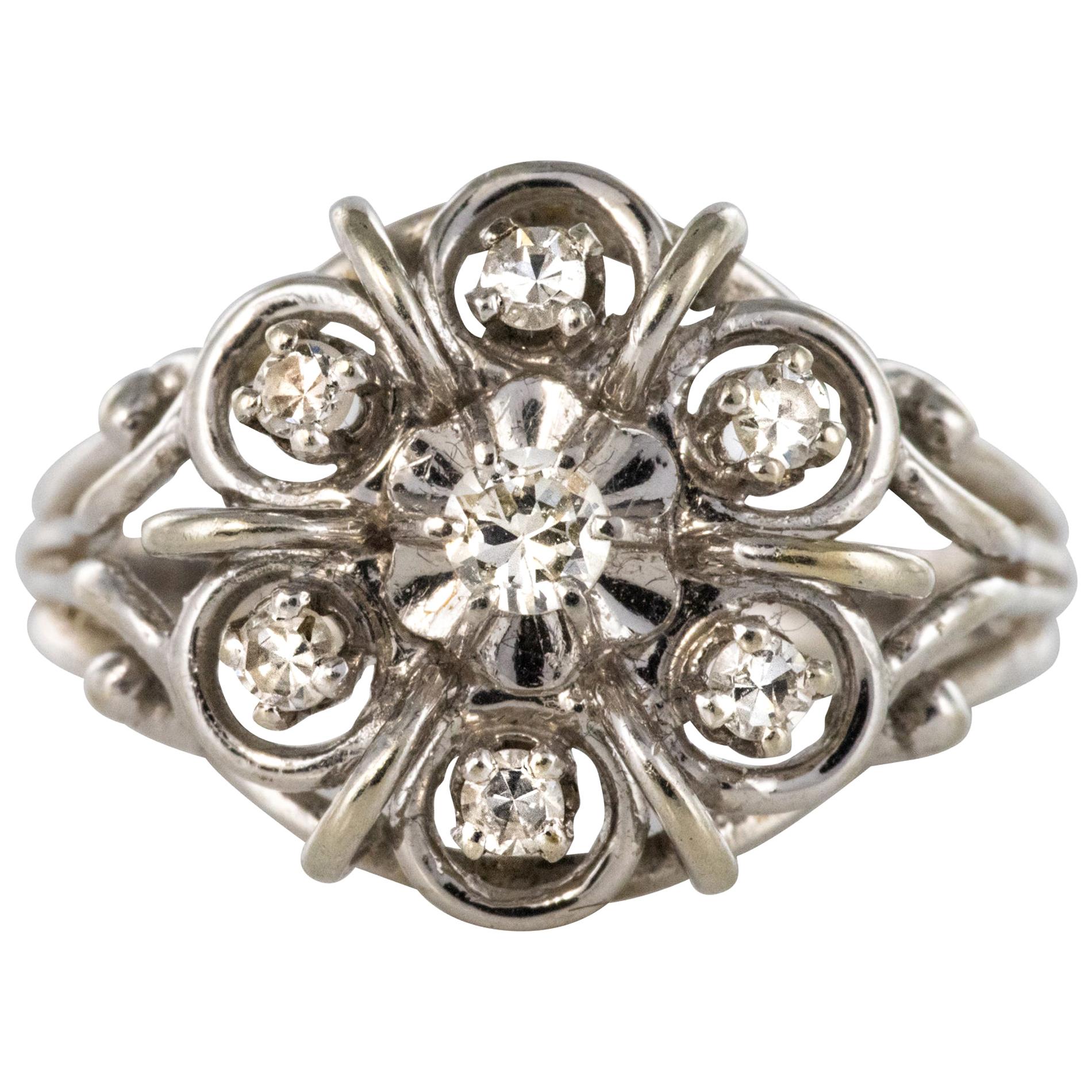 French 1960s Diamonds 18 Karat White Gold Thread Ring