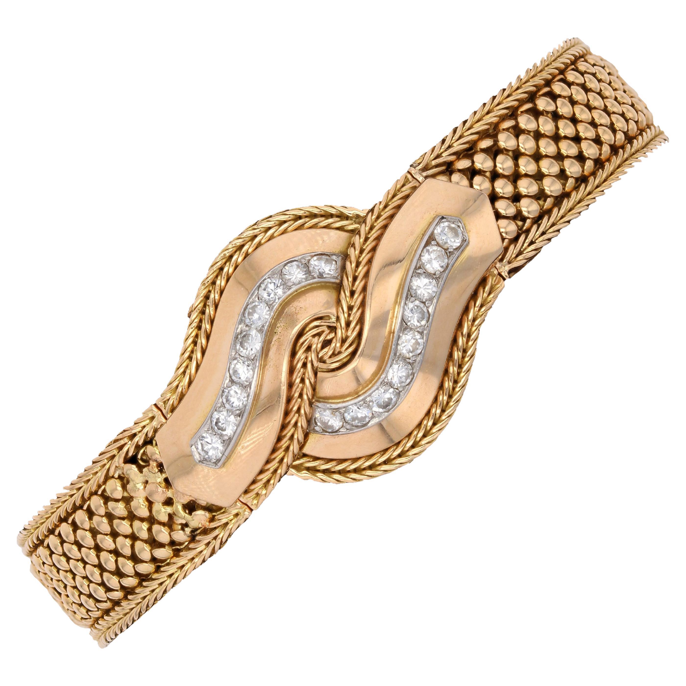 Montre de dame à bracelet en or jaune 18 carats et diamants des années 1960