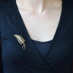 French 1960s Diamonds 18 Karat Yellow White Gold Leaf Brooch