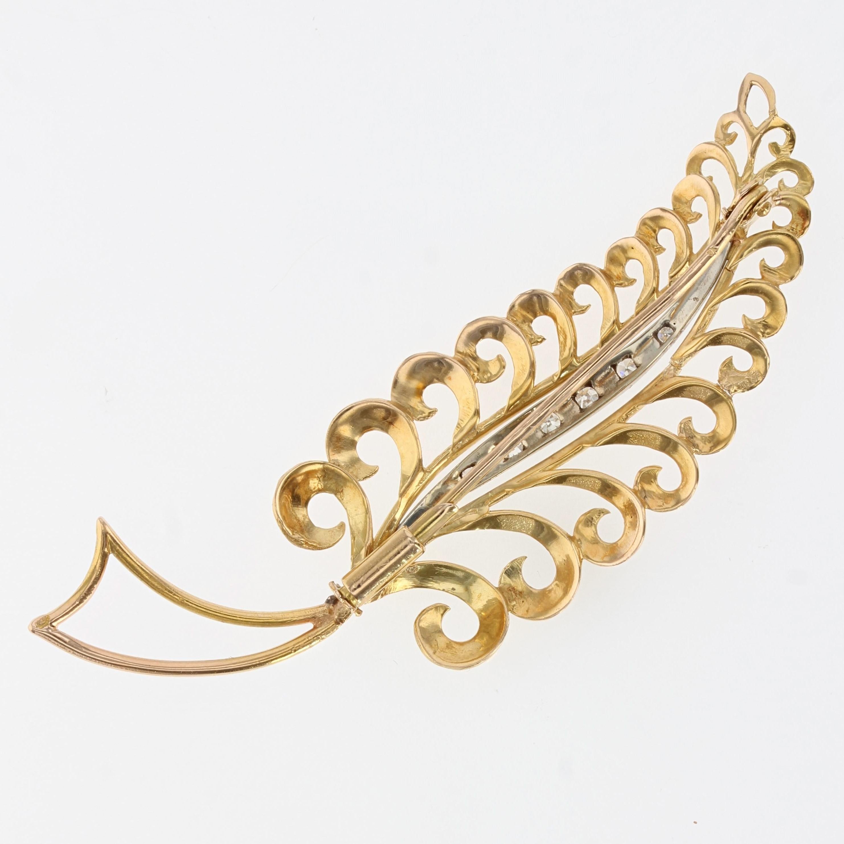 Retro French 1960s Diamonds 18 Karat Yellow White Gold Leaf Brooch For Sale